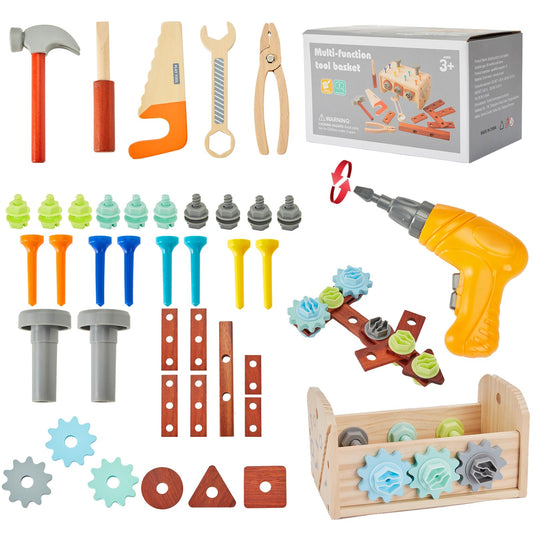 Kids Tool Set - 54 PCS Wooden Toddler Tool with Wooden Box, Educational Pretend Play Construction Toy for 2 3 4 5 6 Year Old Boys Girls, Toddle Electronic Toy Drill Children Montessori STEM