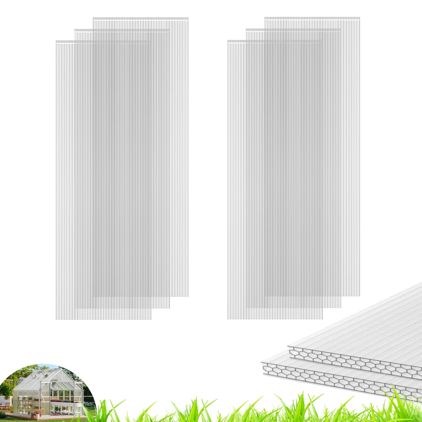 Quibbay 6PCS Polycarbonate Greenhouse Panels Sheets, 6' x 2' x 0.32'' Three-Layer Honeycomb Panels, UV Protected Corrugated Plastic Roof Panels, Clear Replacement Panels for Greenhouse Covering