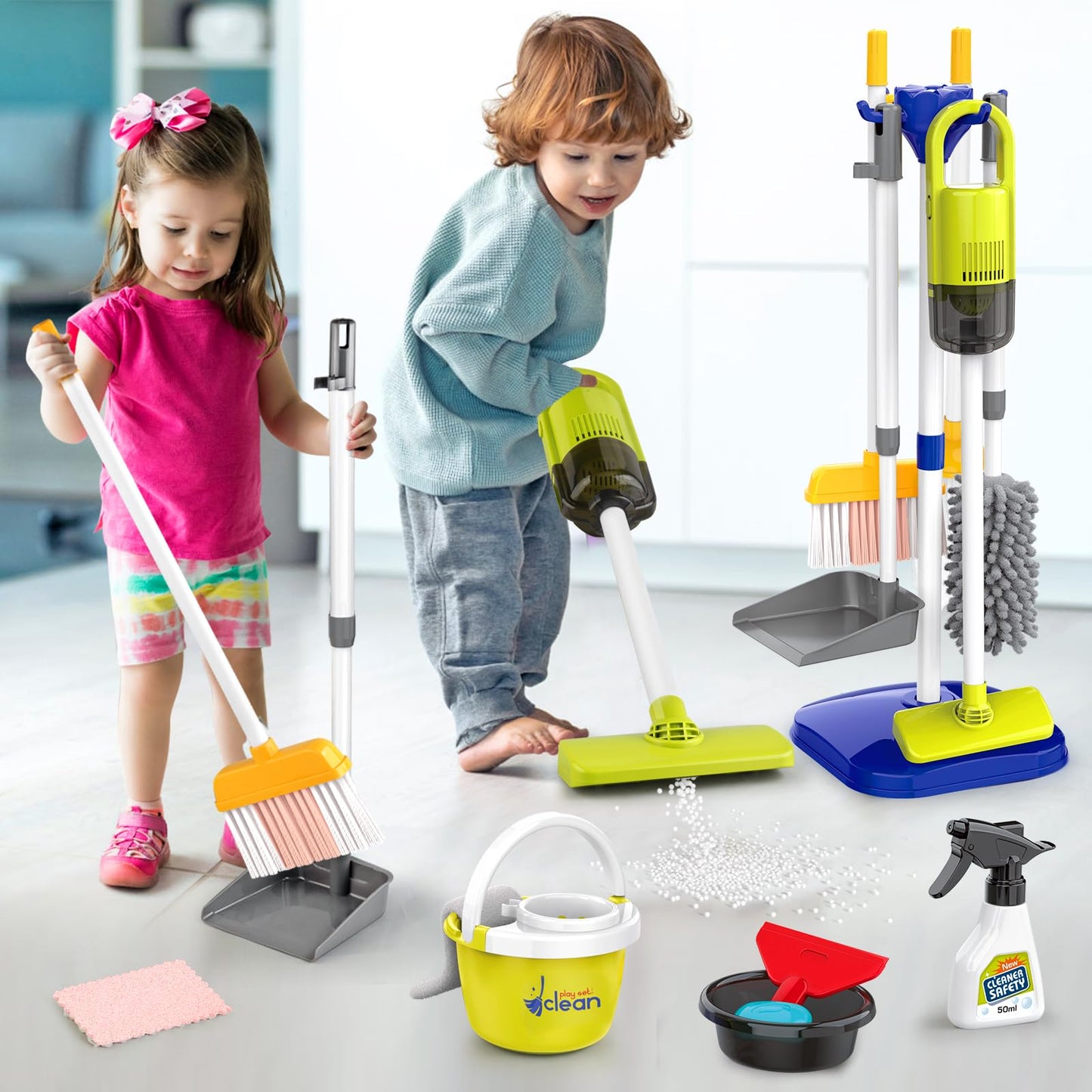 PUPU PIG Toddler Toys Cleaning Set, Kids Cleaning Toy Set, Pretend Play Home Cleaning Playset - Incl.Electric Toy Vacuum, Broom and Dustpan Set, Mop,Duster and More,Cleaning Tools Toys for Boys Girls