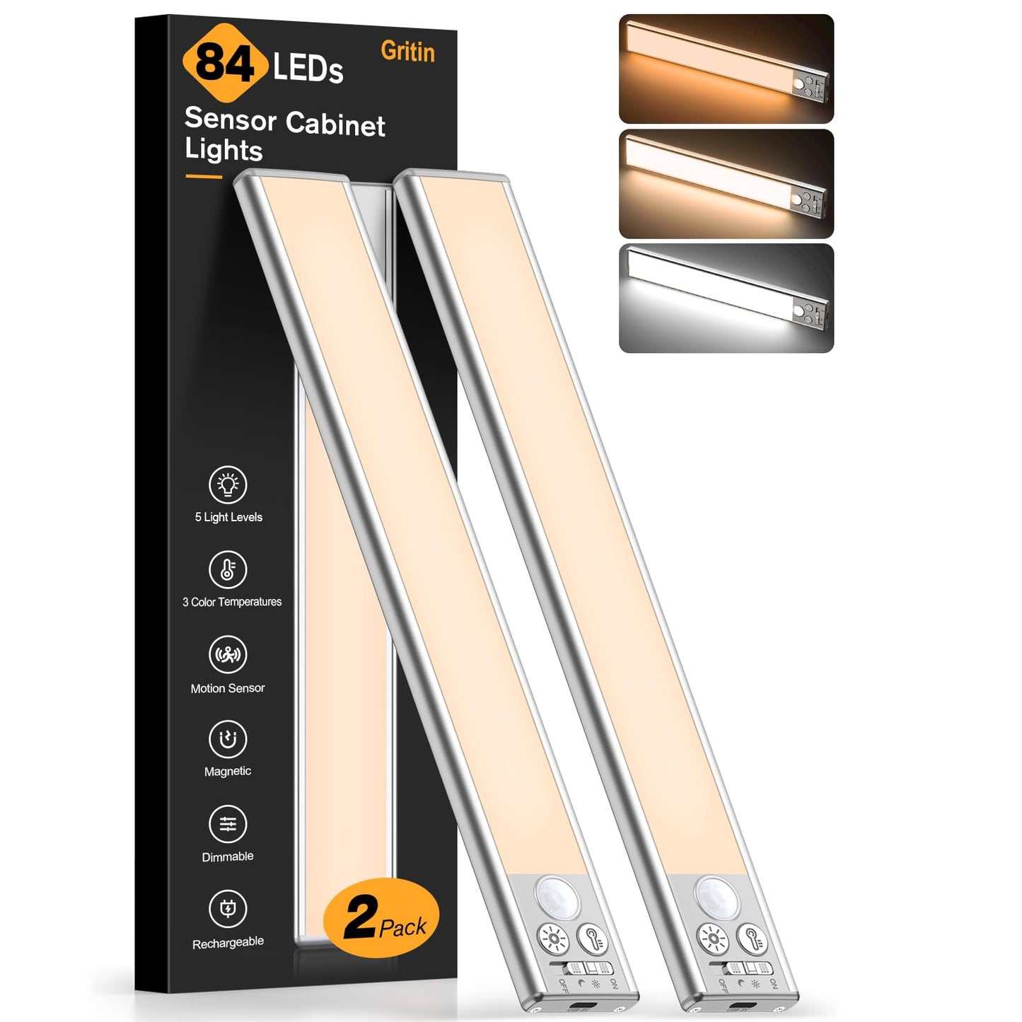 Gritin 10.2inch Under Cabinet Lighting Rechargeable 2 Pack- 3 Color Temps&5 Level Brightness, Super Bright, 4 Modes, Motion Sensor, Long Lasting - Easy Installation Magnetic Under Closet Lights