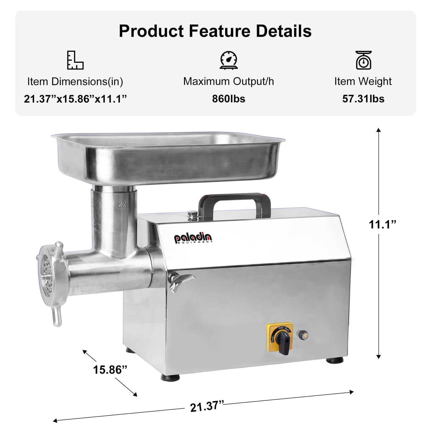 Paladin Equipment #12 Electric Commercial Meat Grinder Machine, 14 lbs Per Minute, 1 HP Heavy Duty Stainless Steel Meat Grinder with sausage stuffer, Ideal for deer processing, Pet Food,Heavy Use
