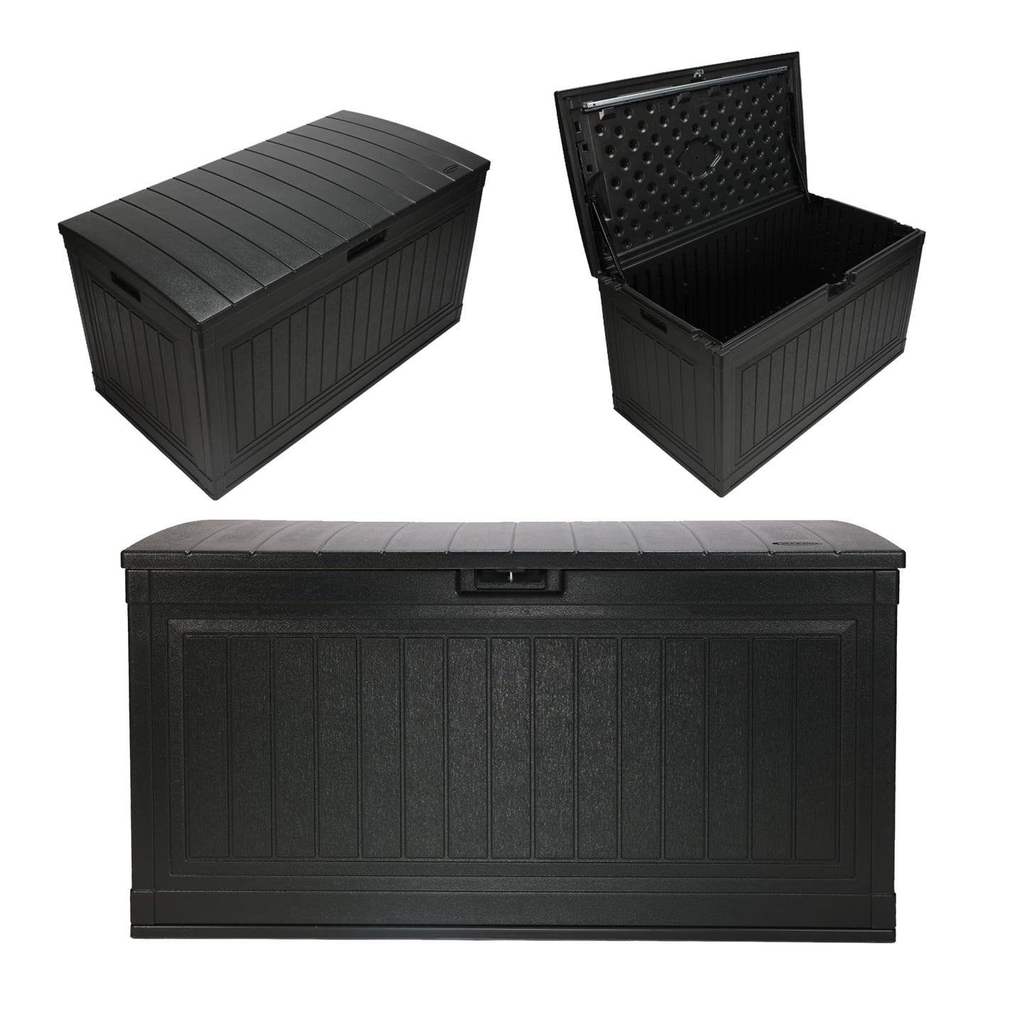 Suncast 80-Gal. Resin Large Outdoor Patio Deck Box with Pad-Lockable Lid, Modern Outdoor Patio Bench/Storage Box for Cushions, Garden Tools, and More, Iron Ore