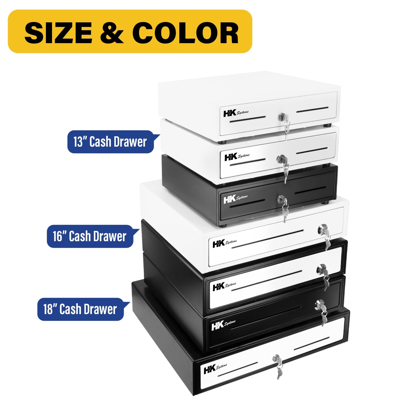 HK SYSTEMS 18inch Heavy Duty Black POS Cash Drawer with 5Bill/8Coin "Stainless Steel" Front, Ball Bearing Slides