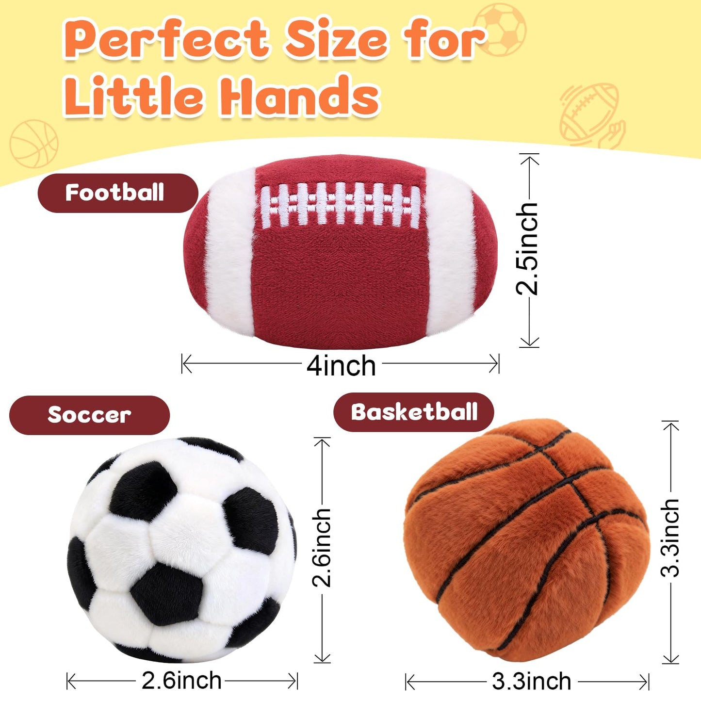 Baby Ball Toys 0-6 Months, Newborn Plush Rattle 3pcs Football Basketball Soccer Sports Set-Sensory Toys with Rattles for 0 3 6 9 12 Months Infant Boys Girls Birthday or Shower Gifts