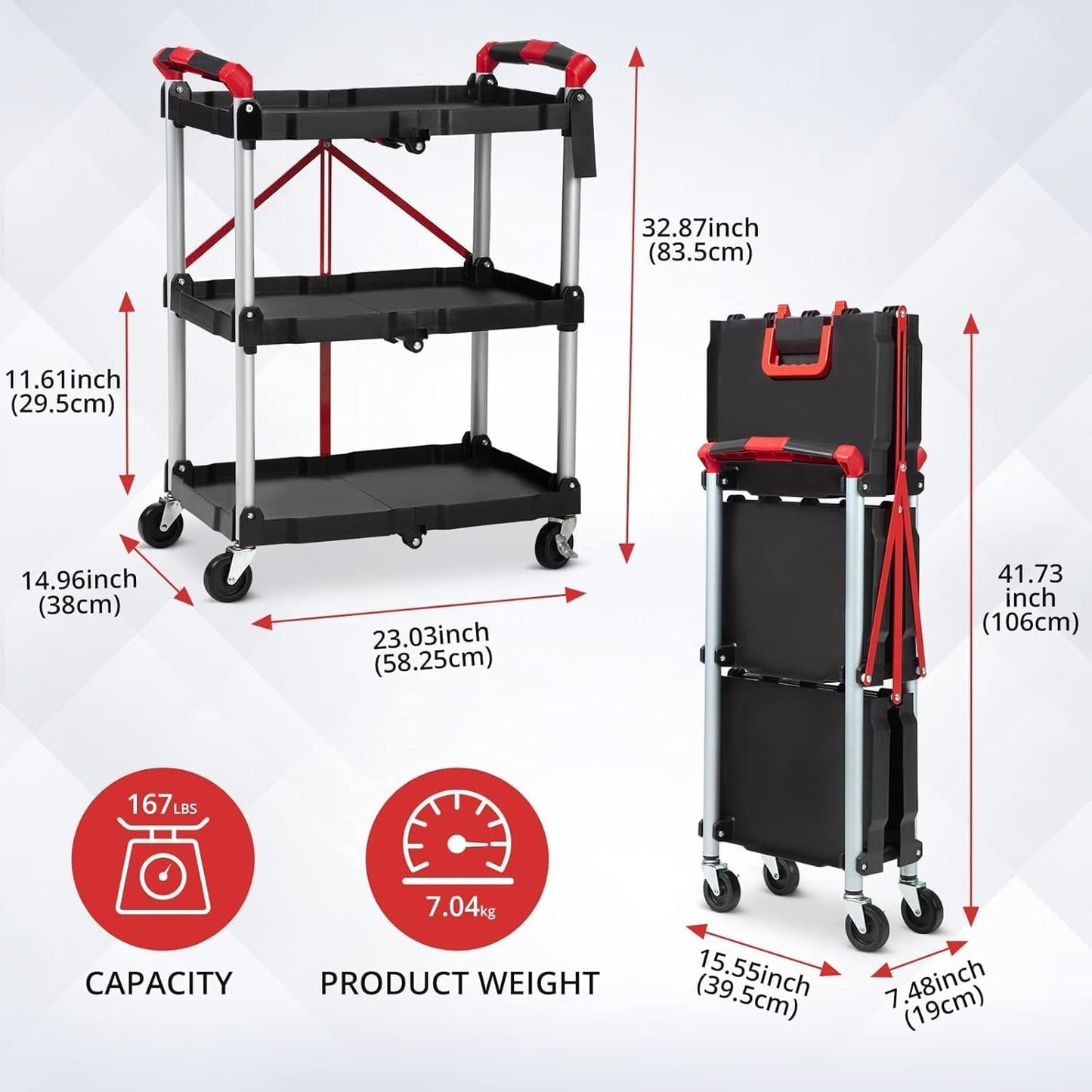 3 Tier Rolling Cart, 167 Lbs Foldable Utility Service Cart, Portable Utility Cart with Lockable Universal Wheels, No Installation Required, Suitable for Warehouse, Garden, Office, Kitchen