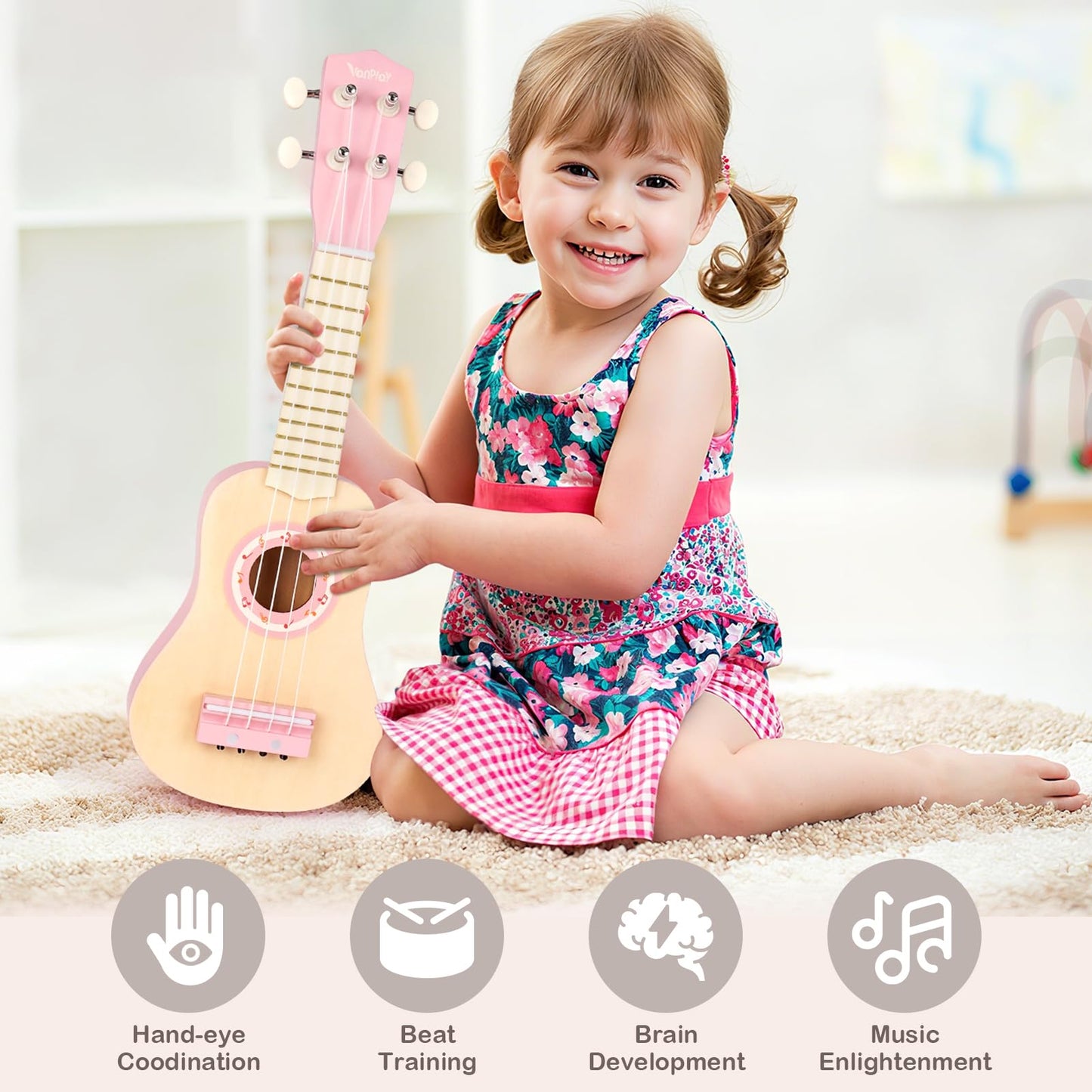 Vanplay Kids Guitar Set for Girls - Toys for 2 3 4 Year Old Girl Birthday Gifts - 7 in 1 Wooden Montessori Musical Instruments with Ukulele/Tambourine/Maracas/Flute for Toddler 2-5(Pink)