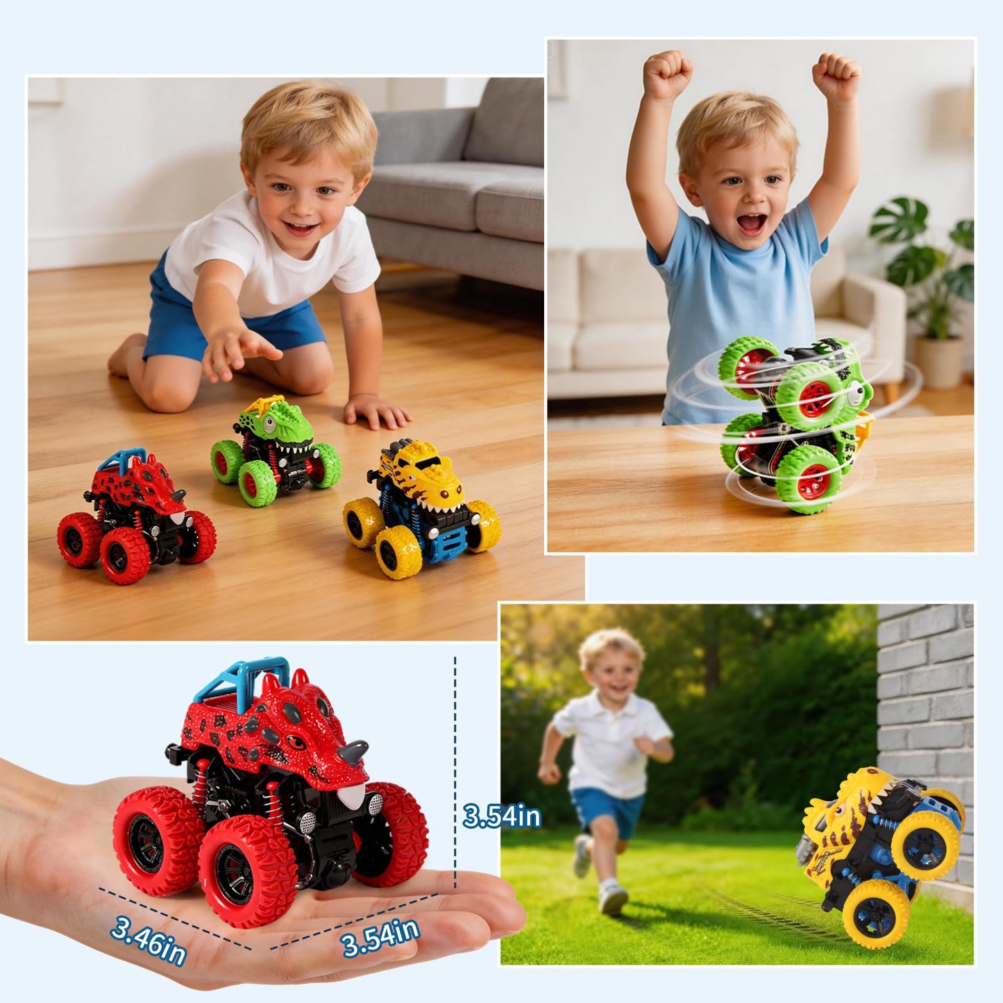 TGXLAK Dinosaur Toys for 2 3 4 5 Year Old Boys - 3 Pack Monster Truck Toys with Friction Power 360° Rotating Push and Go Cars for Toddlers Ages 2-4-6 - Boys Girls Birthday Gifts for Kids 3-5