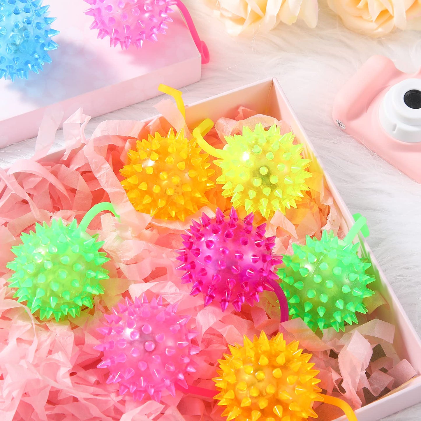 Sotiff 200 Pcs Light up Ball Spiky LED Bouncy Ball Flashing Squeaky Multicolor Puffer Toy Rubber Sensory Toy Carnival Prizes Bulk Party Favors for Teens, Adults, Children