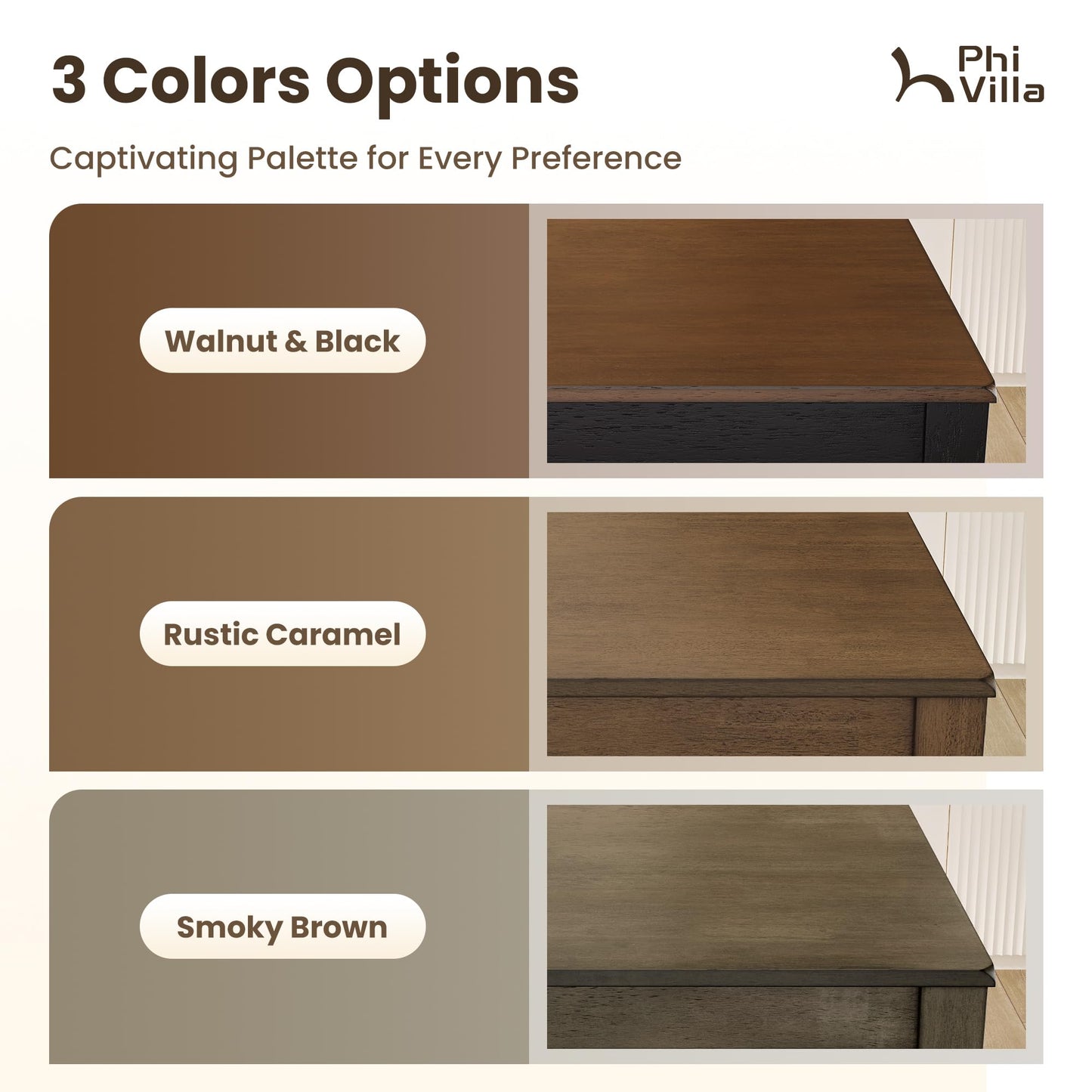 PHI VILLA Counter Height Table and Chairs, Solid Wood Dining Table Set for 4, High Top Kitchen Table Chairs Set of 4, Farmhouse Kitchen Table Set with Bench and Chairs, Walnut with Black