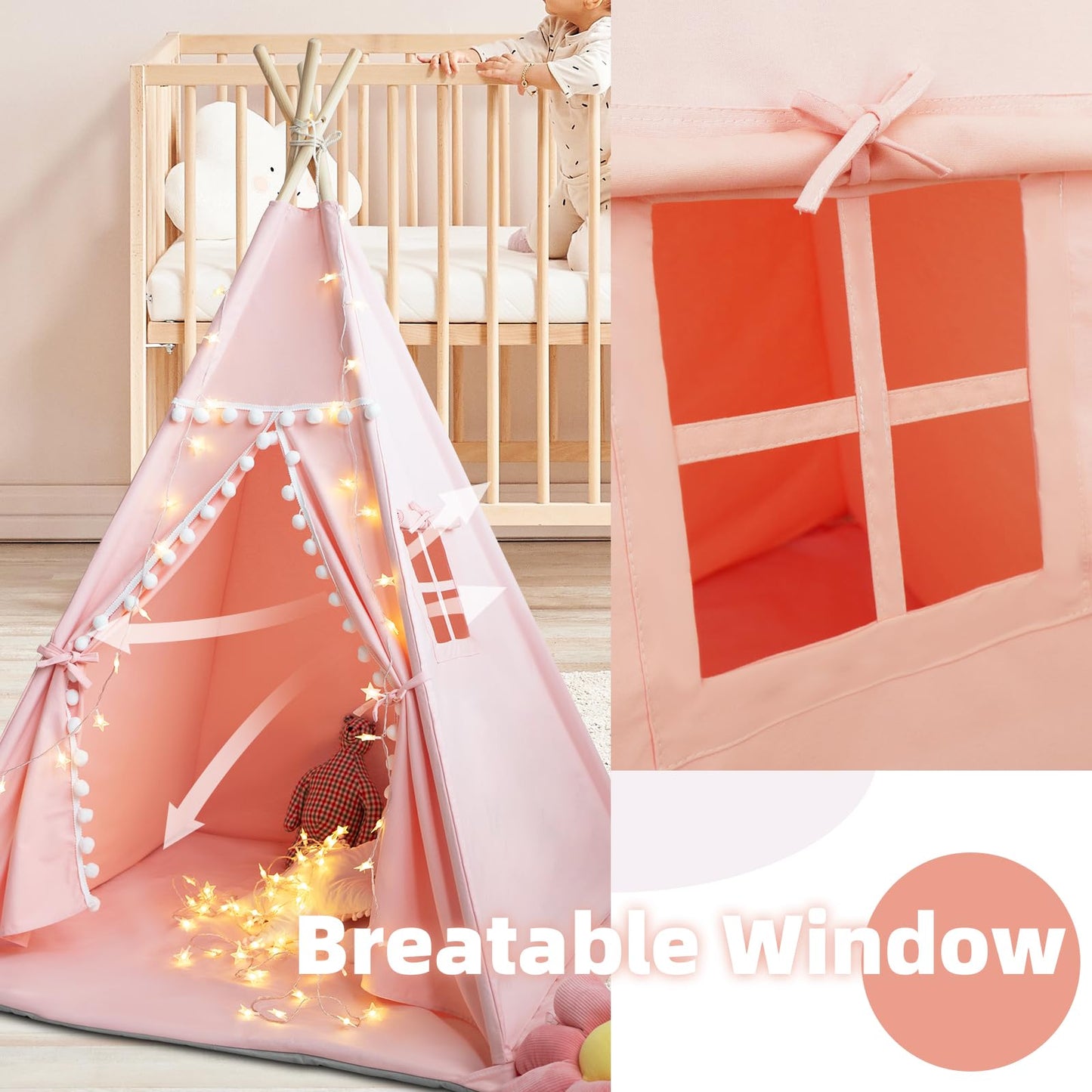 RONGFA Teepee Tent for Kids with Mat, Star Lights, Carry Case, Cotton Canvas Playhouse, Foldable Tents, Portable Children Play Tent Indoor Outdoor (Pink)