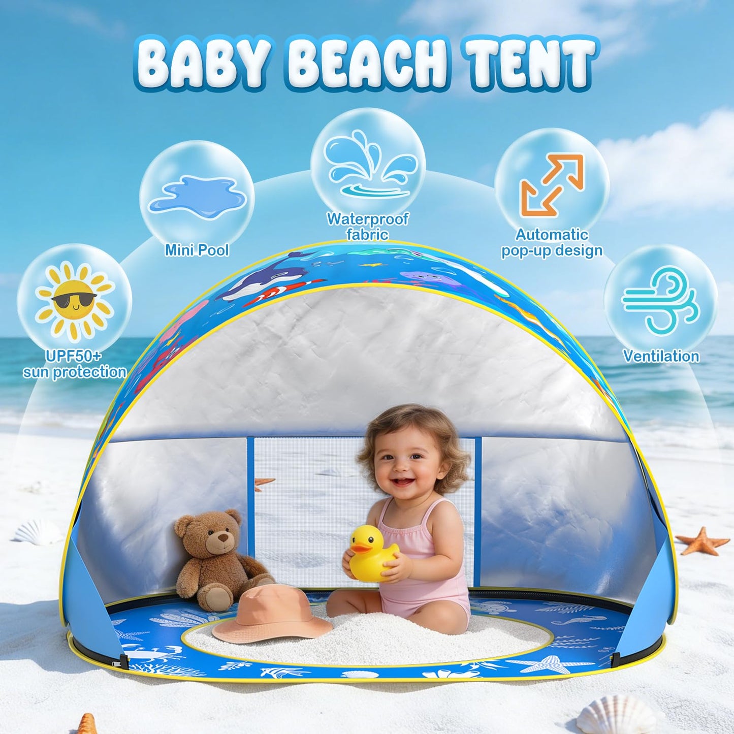 AZDYJL Baby Beach Tent with Pool, Pop Up Beach Tent UV Protection Sun Shelter for Infant Toddlers, Portable Shade Pool Tents Baby Beaches Essentials with Carry Bag for Outdoor, Travel, Camping