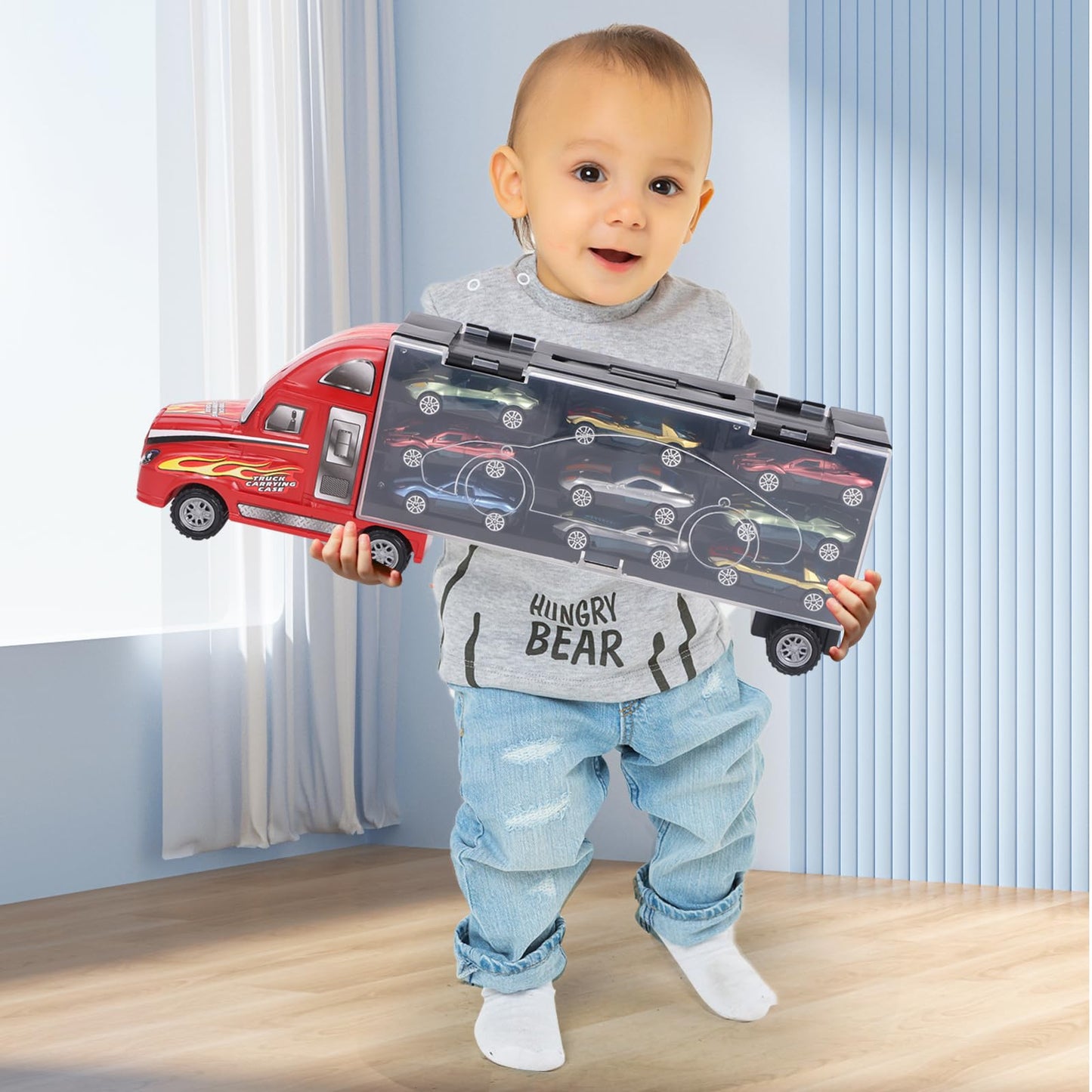 BoomCaCa Toy Truck Transport Car Carrier - 18 Sport Cars in Truck Toys, Toys for Boys and Girls Age 3-10 yrs Old, Ideal Party Christmas Birthday Gift for Kids