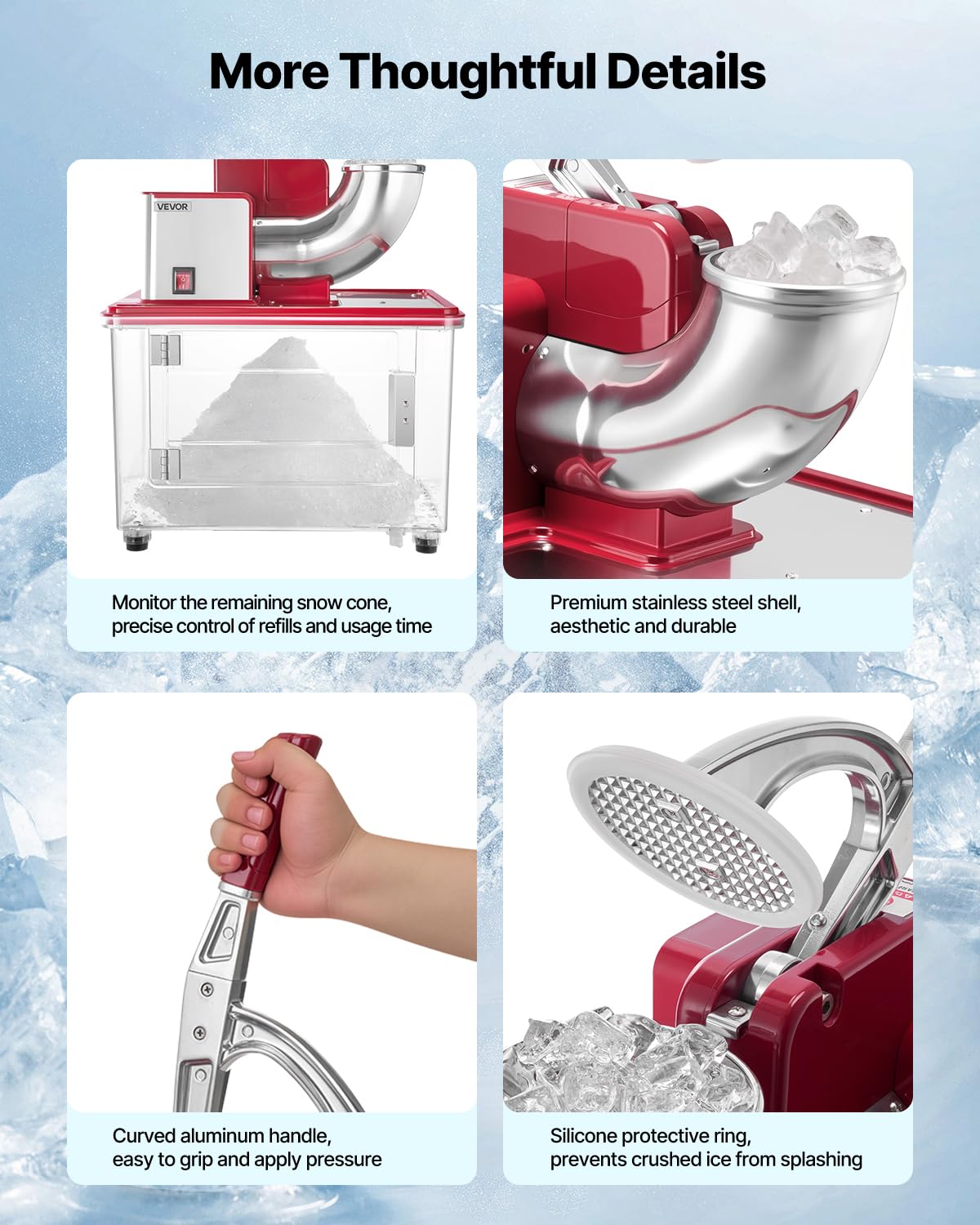 VEVOR Commercial Ice Crusher 661LBS/H, 350W Electric Snow Cone Machine with 4 Blades, 2000RPM Stainless Steel Shaved Ice Machine with 11 Gal Crushed-Ice Box, for Family Restaurants Bars, Red