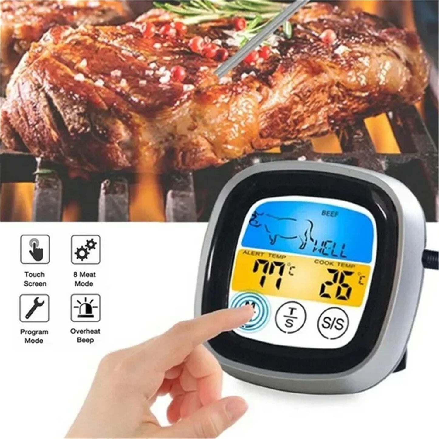 Digital Meat Thermometer for Oven Remote Read LCD Digital Food Thermometer Meat Probe Kitchen Cooking BBQ(White)