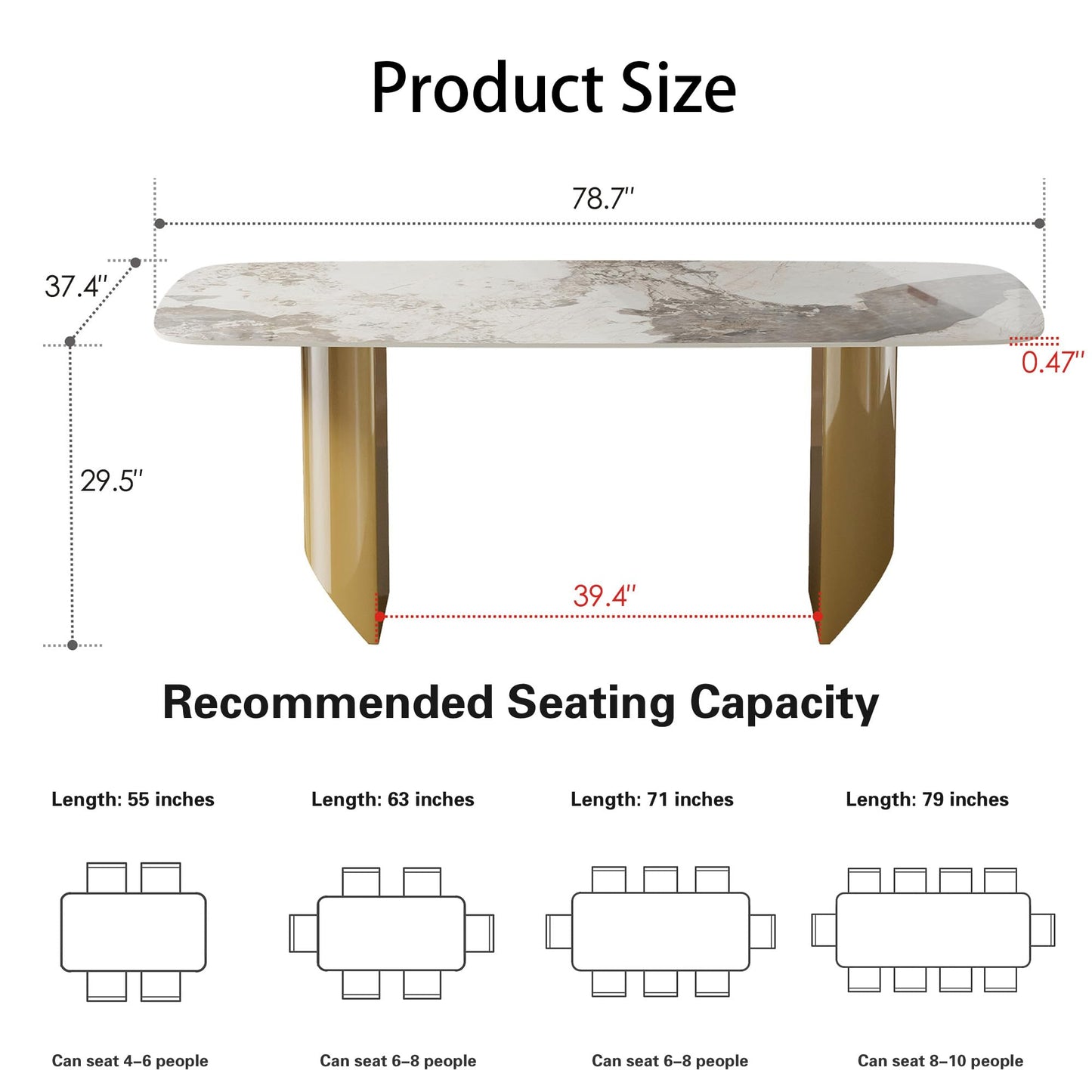 Rectangular Dining Table for 8-10 People, 79 inch Luxury Kitchen Table with Sintered Stone Tabletop and Gold Metal Base, Modern Dining Room Table for Kitchen Living Room (Table Only)