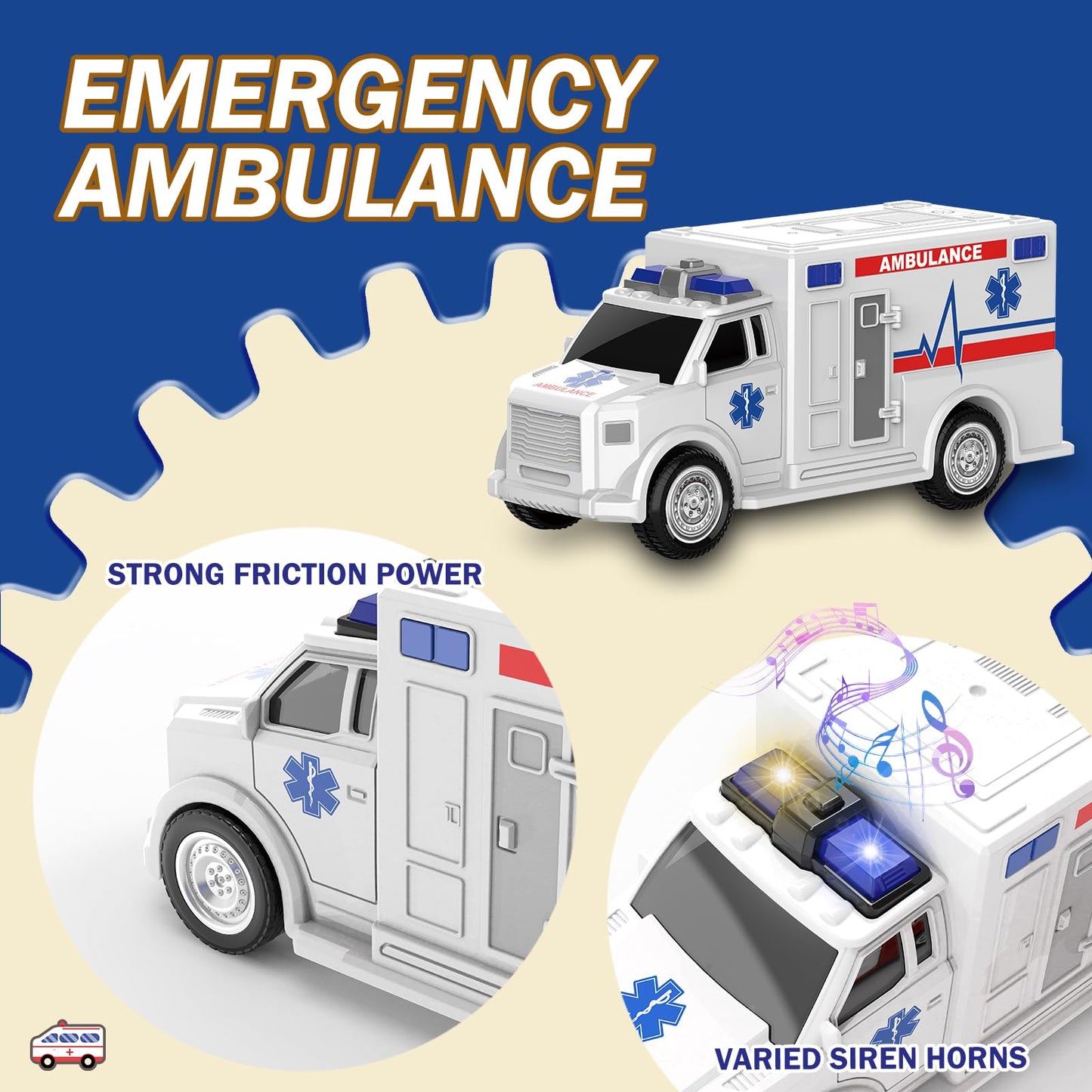 EPPO 4 Packs Fire Truck Toy, Ambulance, Police Car, and Helicopter, Emergency Vehicle Truck Toy Set with Lights and Sounds, Friction Powered Car Toy for Toddler Boys Girls 3 4 5 6 Years Old