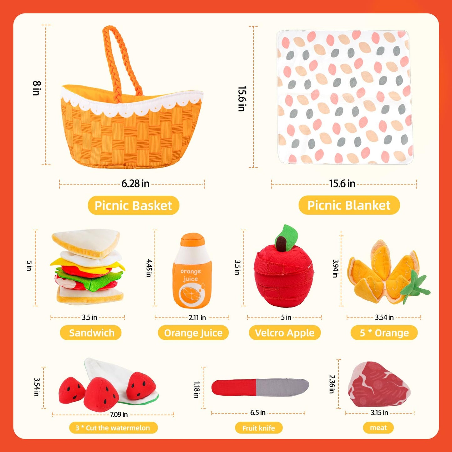 Jollybaby Soft Picnic Basket Cutting Play Food Toys for Baby 6-12-36 Months, Montessori Sensory Felt Fake Food Toy for Toddler 1-3, Birthday Gifts for 1 Year Old Boys and Girls