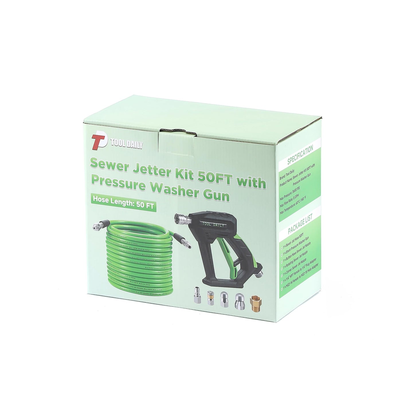 Tool Daily Sewer Jetter Kit for Pressure Washer 50 FT, Short Power Washer Gun, Drain Cleaner Hose 1/4 Inch NPT, Corner, Rotating and Button Nose Sewer Jet Nozzle, 3600 PSI