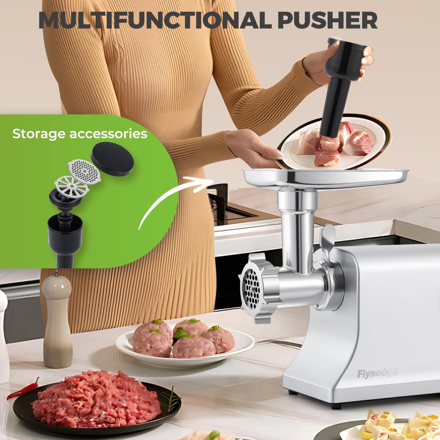 Flyseago Electric Meat Grinder 3200w Commercial Heavy Duty Metal Gearbox Meat Grinder and Sausage Stuffers, Kubbe Kit for Household Use & Commercial