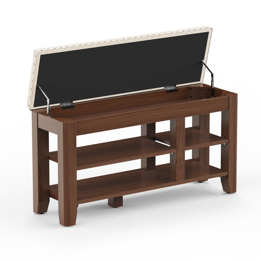 Shoe Bench for Entryway, Solid Rubberwood Shoe Bench with Hidden Storage, Adjustable 2-Tier Shelves & Soft PU Leather Seat, Shoe Rack Durable Easy Assembly for Hallway or Bedroom - Beige, 39.4"