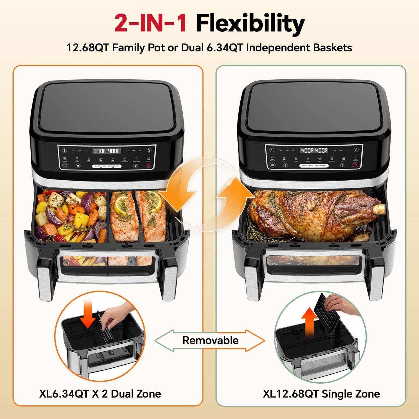 Emphsism 1600W Dual Zone Air Fryer Oven,12.69QT with Divider,Nonstick & Dishwasher-Safe Basket,Match Cook & Smart Finish to Roast,Recipes for Easy Cooking,Digital Touchscreen,Metal Sliver