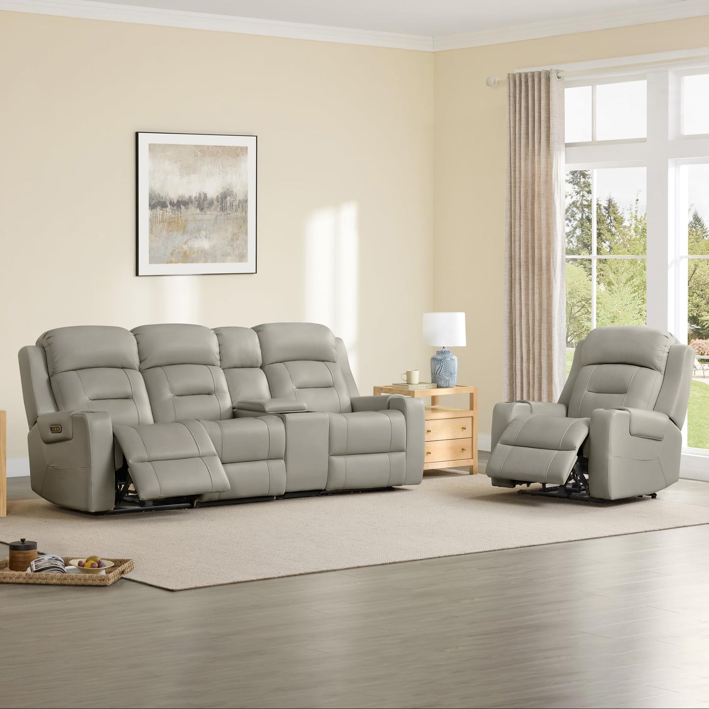 Watson & Whitely Genuine Leather Power Recliner Chairs for Adults, Lay Flat Recliner with Power Headrest, USB Ports and Cup Holders, Electric Reclining Sofa for Living Room, Bedroom, Grey