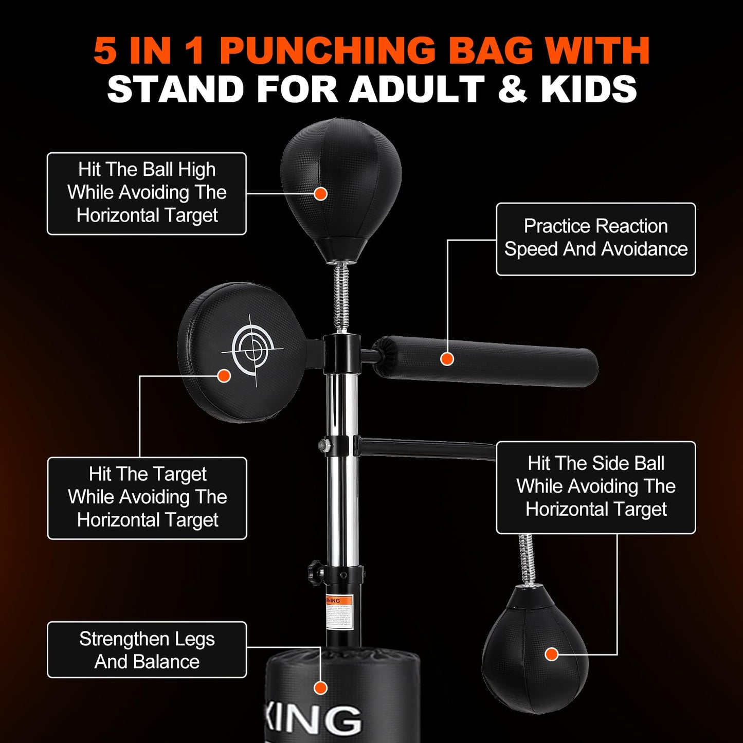 GarveeLife Punching Bag with Stand for Adult with Relax Bar, Speed Bag and Hitting Target, 5 in 1 Heavy Boxing Bag Freestanding, Kickboxing Bag Adjustable Height