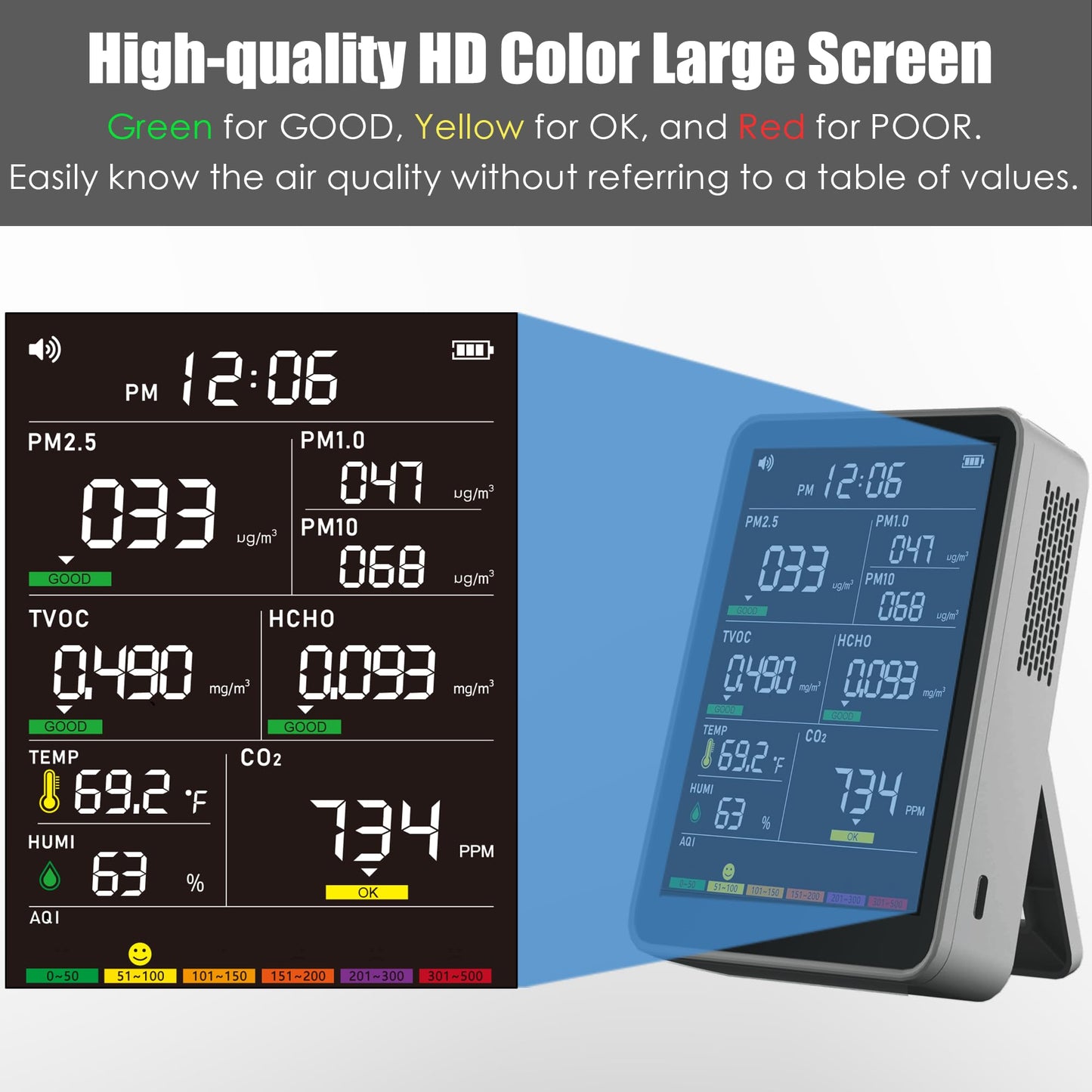 Professional Indoor Air Quality Monitor with AQI, Portable Real-Time Detector for Home Cars Plants and Pets