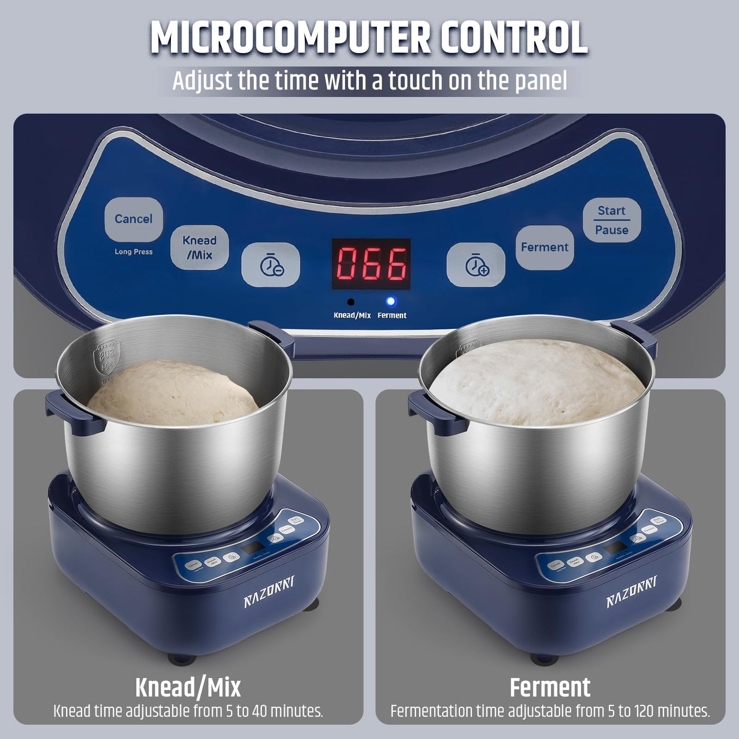 Razorri Electric Dough Maker, 6.5QT Household Dough Mixer with Ferment Function Microcomputer Timing with Stuffing Blade Stainless Steel Bowl for Bread Pizza Noodle
