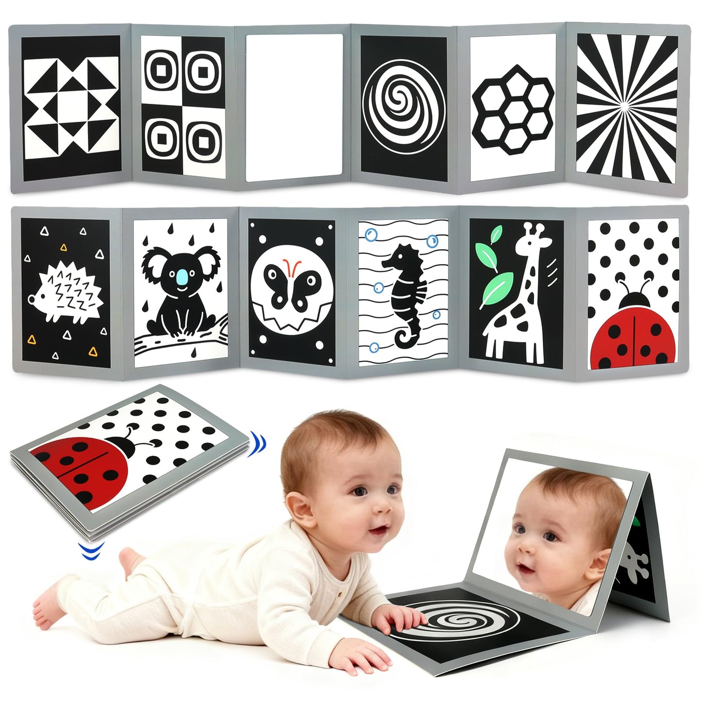 KUANGO Black and White High Contrast Tummy Time Mirror Toys Newborn Toys 0 6 Months Brain Development Infant Stimulating Sensory Baby Mirror Book 0-3 3-6 2 4 5 Months Old Baby Boy Girl Gifts