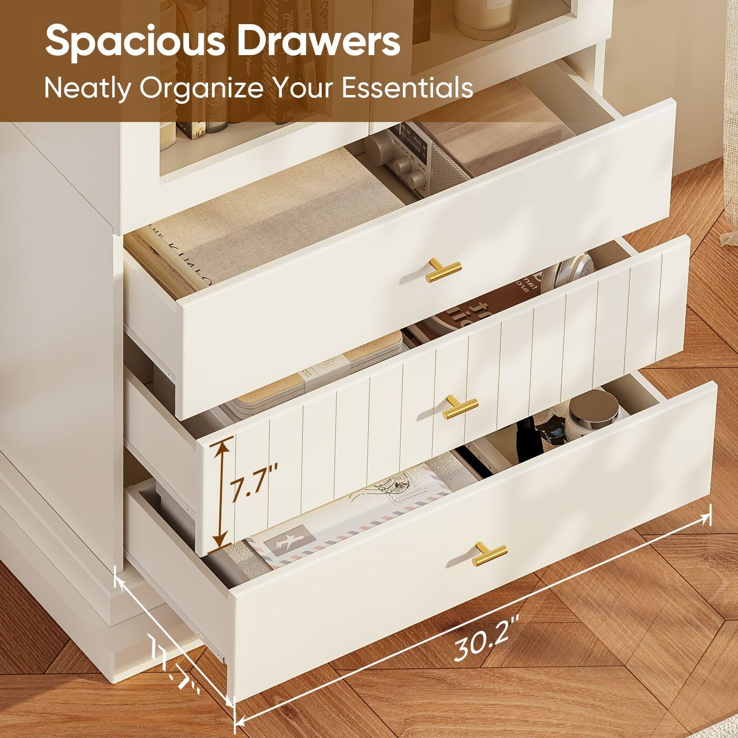 Myricore 71" Arched Kitchen Cabinet, Double Glass Door Display and Storage Cabinets with Drawers, Modern Pantry for Dining Room, Living Room, White with Gold Handles, 2 of Set