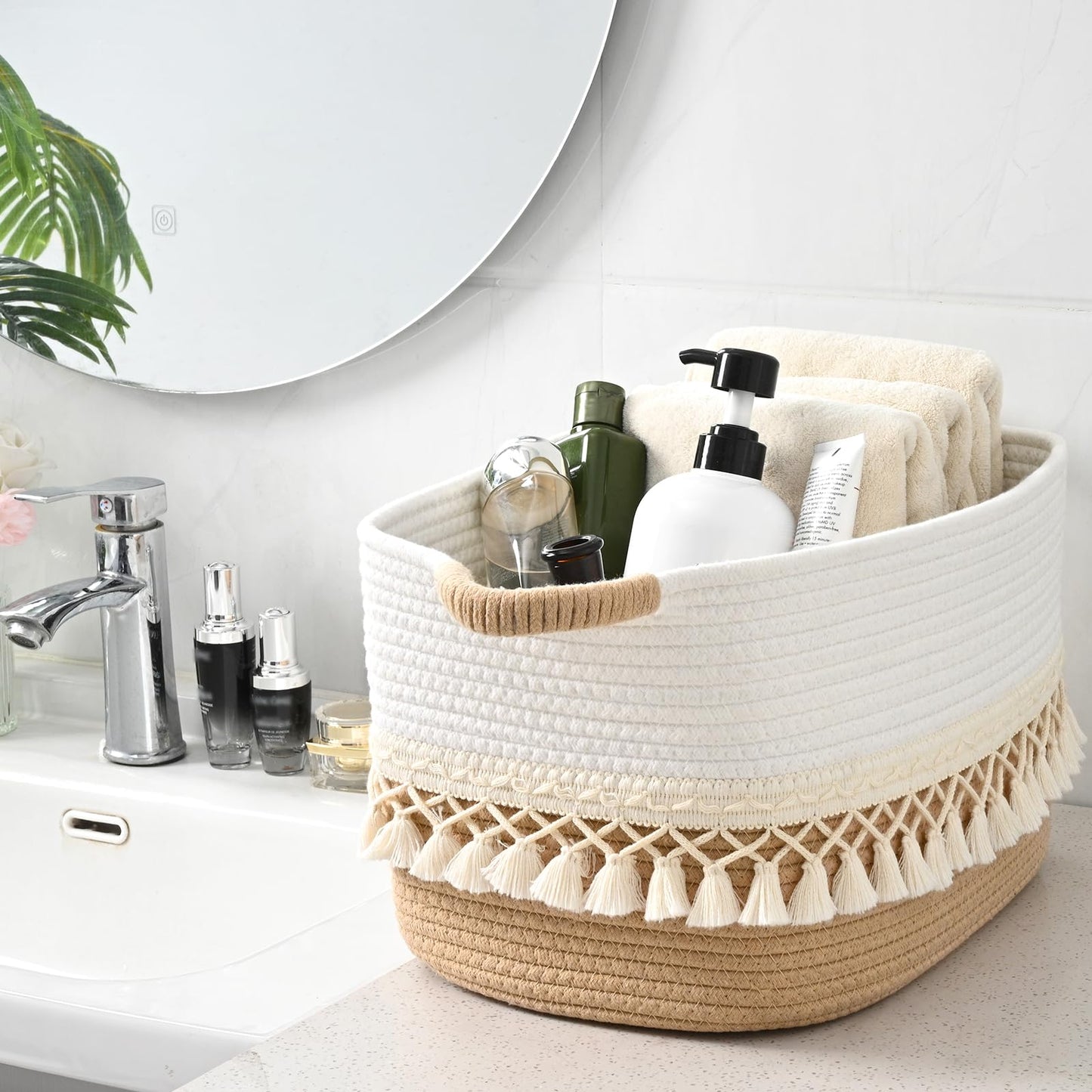 2 Pack Storage Basket for Shelves, Boho Cotton Rope Storage Bins with Heavy Tassel, Shelf Baskets Large Woven Baskets for Organizing, Cube Organizer Bins, Baby Laundry Basket for Clothes, Toys, Pets
