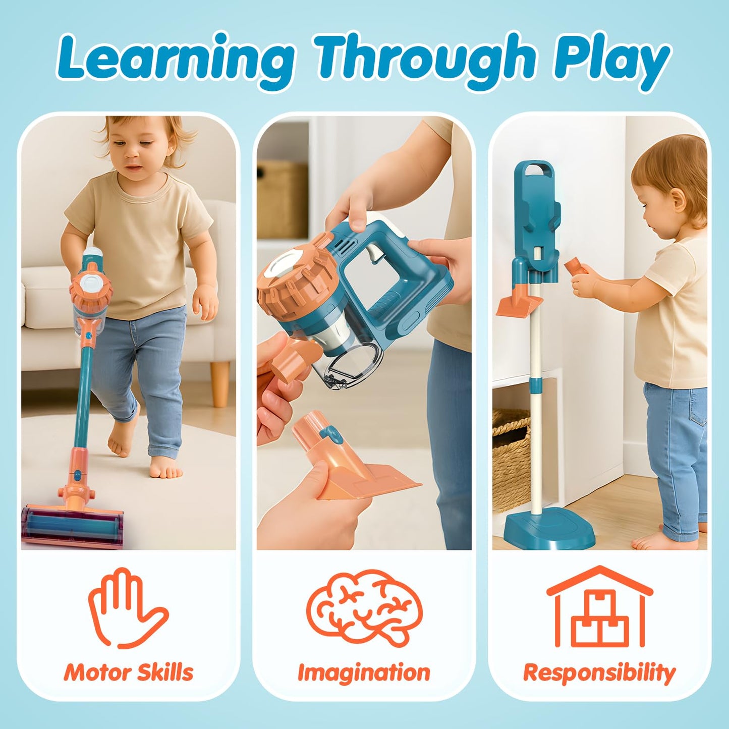 BAYMI 3-in-1 Kids Vacuum that Really Works – Working Toddler Vacuum Cleaner with Real Suction, Montessori Pretend Play Cleaning Toy Gift Set for Boys and Girls Ages 3+
