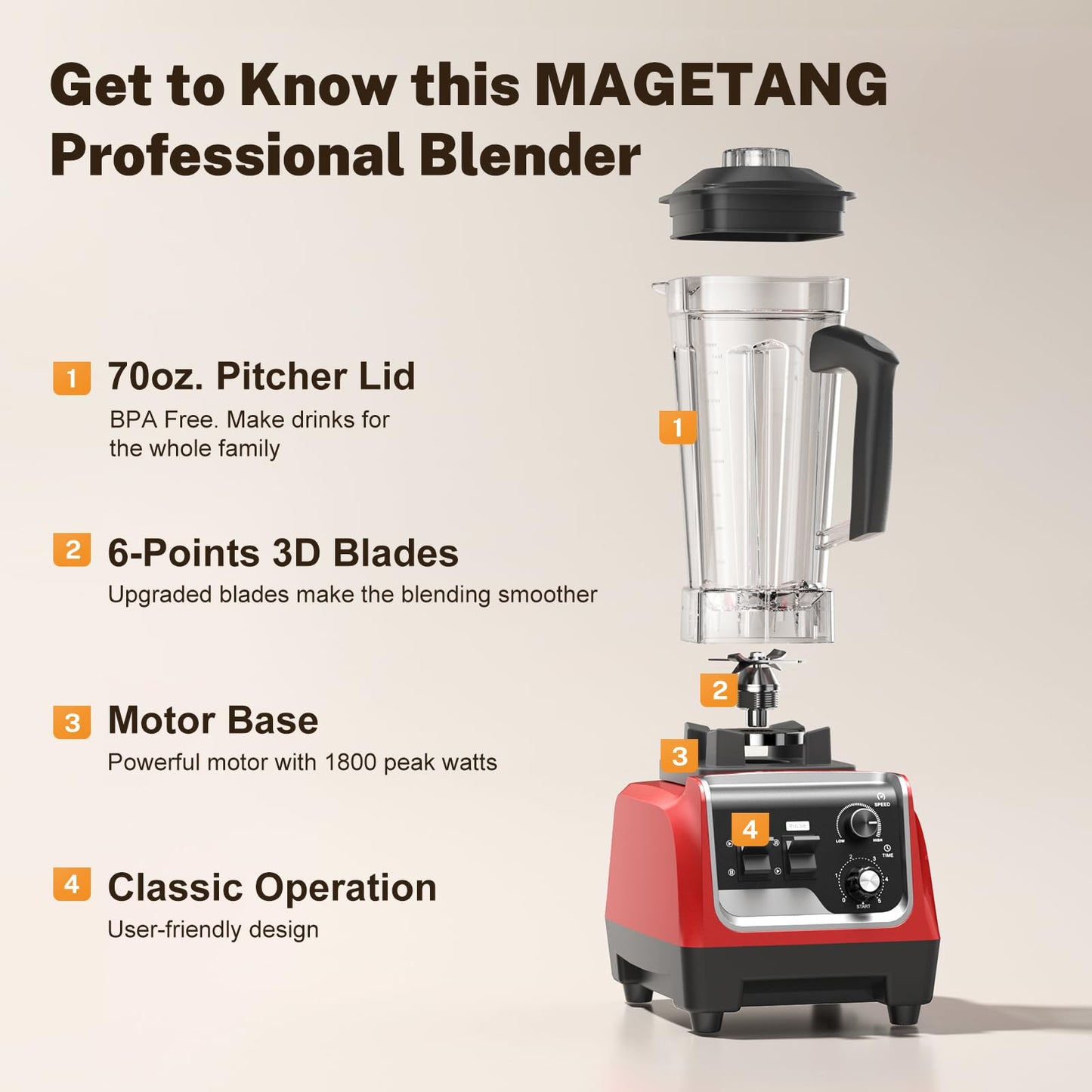 MAGETANG Blender, 1800W Powerful Countertop Blenders for Kitchen with 70oz Pitcher &20oz Travel Cup, 28000 RPM Blender for Smoothies, Ice Crushing, Frozen Drinks, Multiple Speeds with Pulse & Timer