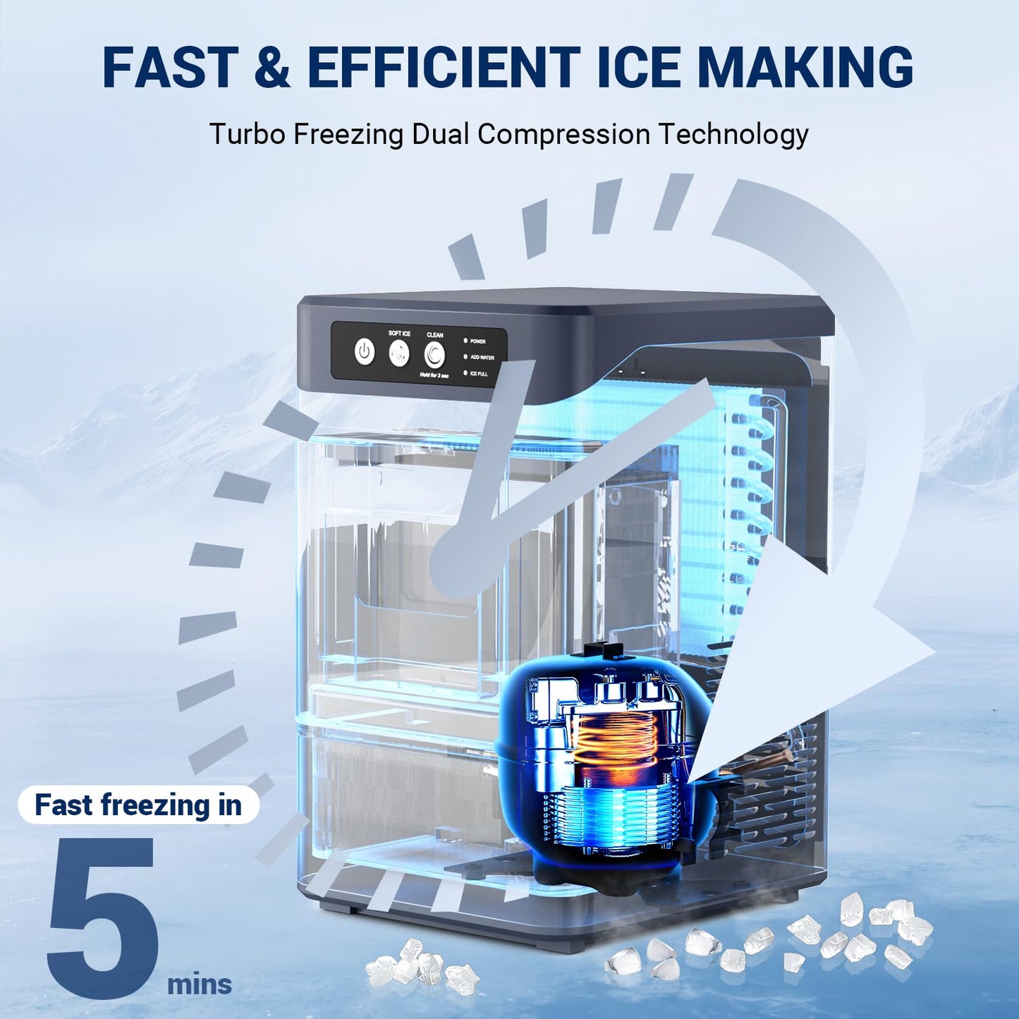 Nugget Ice Maker, 44Lbs/24H with 0.8 Gallon Tank, Soft Chewable Pellet Ice Ready in 5min Portable Ice Machine, Stainless Steels Ice Makers Countertop Self-Cleaning for Kitchens/Home/Office/Bar