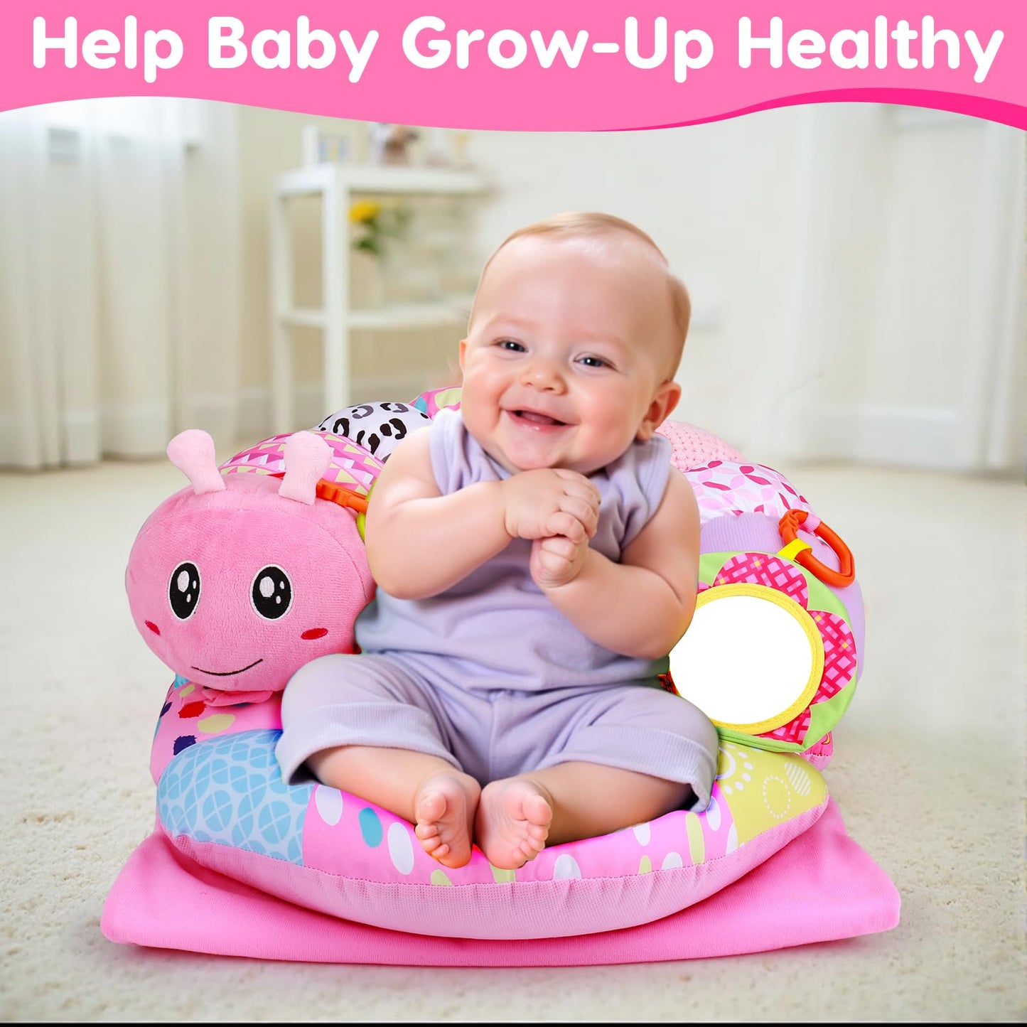 2 in 1 Baby Tummy Time Mat & Support Seated Pillow Infant Newborn Toys 0 1 2 3 4 5 6 Months Pink Caterpillar Sensory Developmental Playmat 0-6 3-6 12 Month Babies Mirror Shower Gifts for Girls Boys