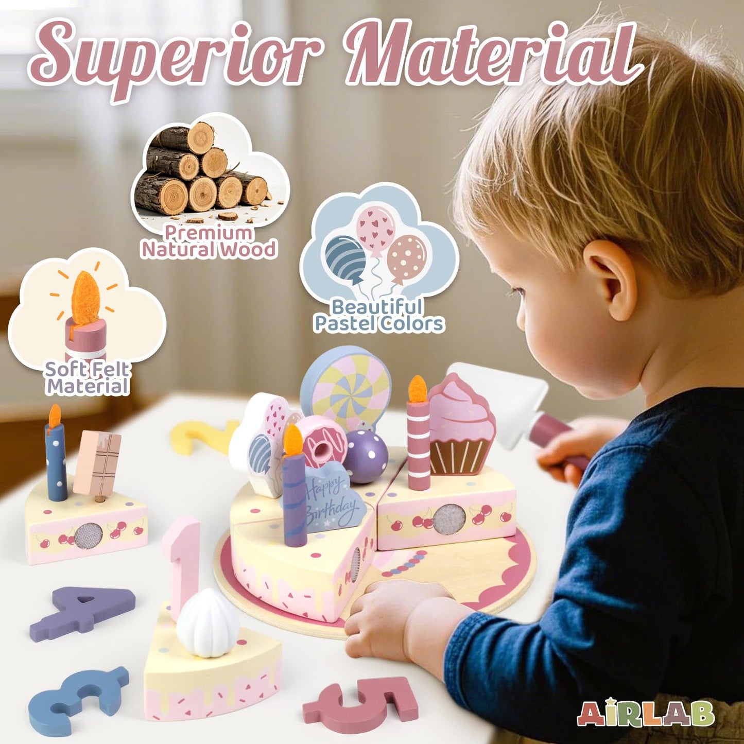 Wooden Birthday Party Cake Play Food Sets for Toddler 2 3 4 5 Year Old Girls Boys Kids Kitchen Accessories Pretend Play Toy Gift Educational Toys
