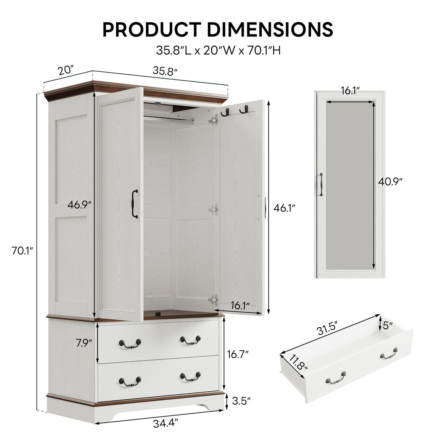 LIKIMIO Armoire Wardrobe Closet with Mirror, 70.1" Wooden Clothing Storage Cabinet with 2 Doors & 2 Drawers, Modern Bedroom Freestanding Wardrobe Combination with Hanging Rod, Cherry with White