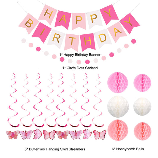meowtastic Birthday Decorations, Happy Birthday Banner with Honeycomb Balls, Butterfly Hanging Swirl Streamers, Circle Dots Garland, Happy Birthday Party Decorations for Women Girls (Pink & White)