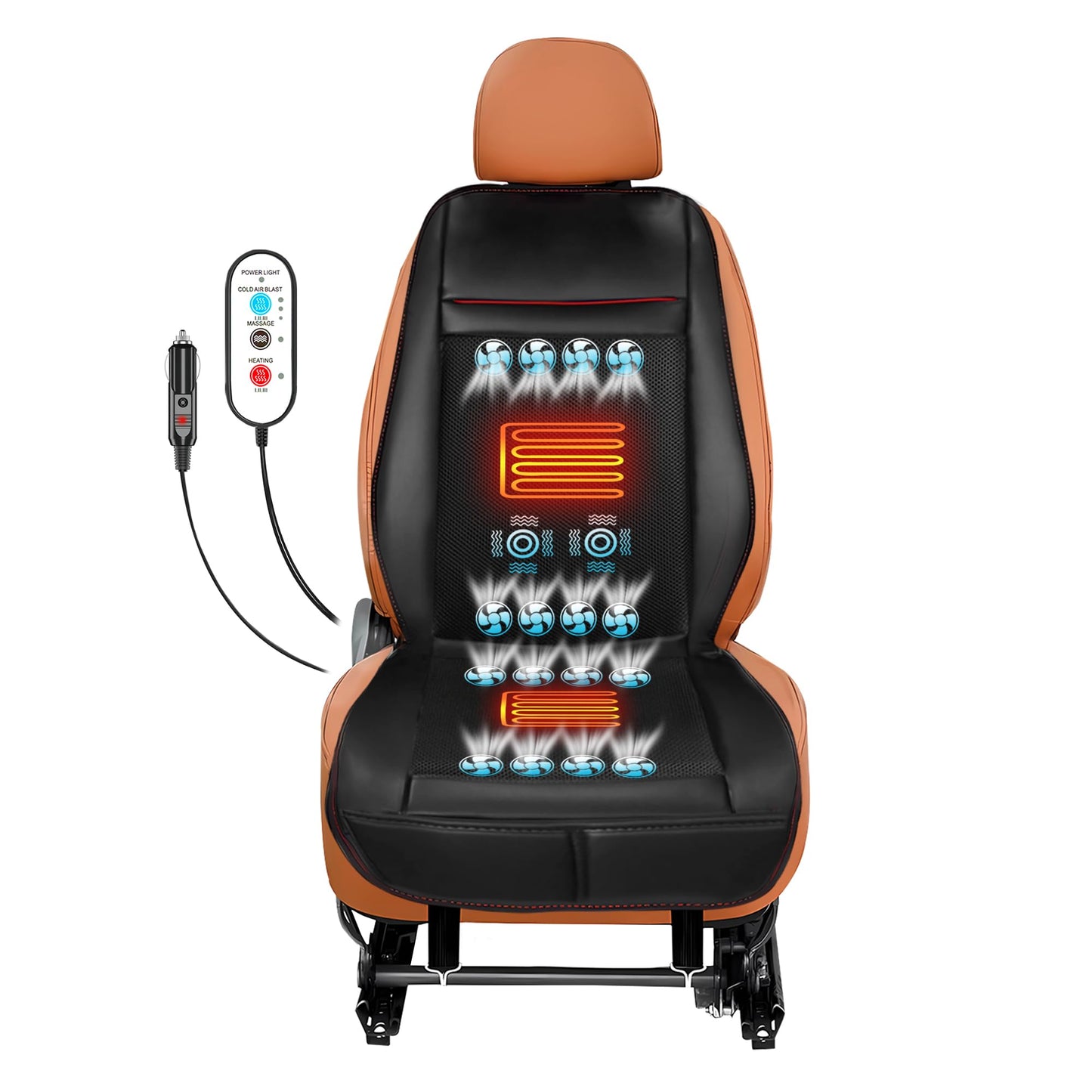 Cooling Car Seat Cushion with 16 Fans, Massage & Adjustable Temperature 12V Seat Cooler Ventilated Seat Cover for Car Fit Summer Winter (3 in 1, Black)