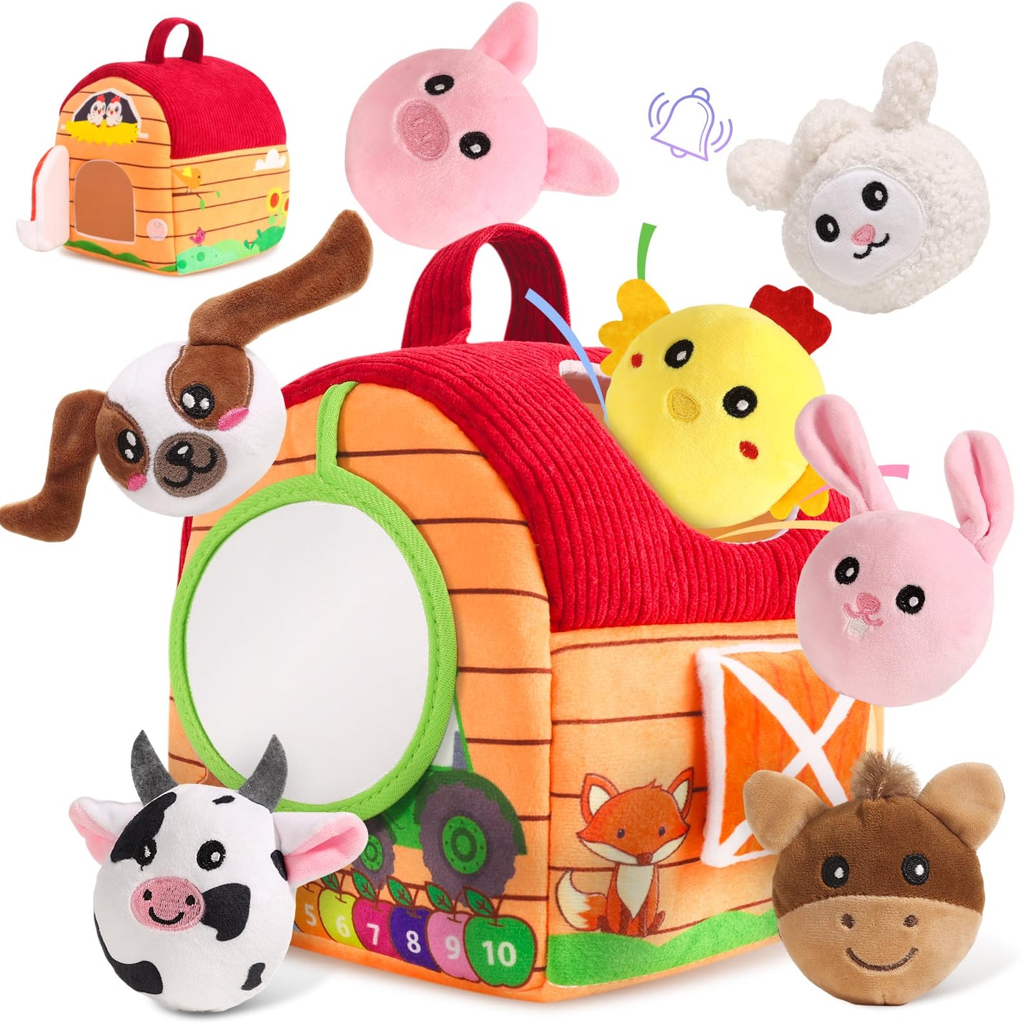 HuToYii Baby Toys 6-12 Months, Plush Barn with Stuffed Farm Animals, Sensory Rattle, Mirror, Crinkle, Montessori Toys for 6 Month Old Babies for Infant & Toddler 1-3 Boy and Girls