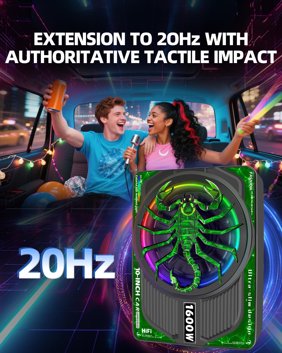 SUBPULSIX 1600W Slim Underseat Car Subwoofer and Amp Package, Powered Subwoofer Car Audio with Built-in Class D Amplifier, RGB Beat-Sync Lights, Subsonic Deep Bass, Subwoofer for Truck SUV Sedan