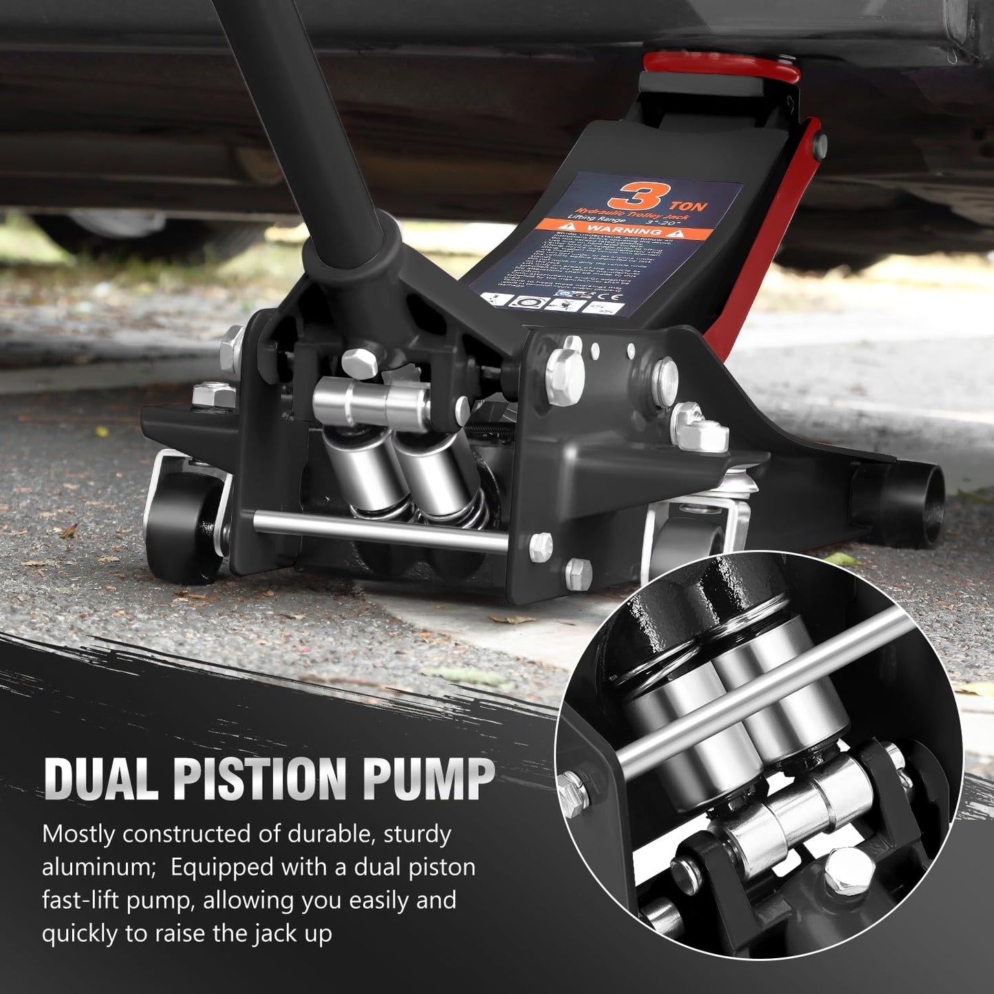 DNA Motoring Floor Jack 3 Ton (6000 lbs) Capacity, Fast Lift Service Jack Low Profile Steel Heavy Duty Hydraulic Car Jack, Lifting Range 3"-20", Black, TOOLS-00475-BK