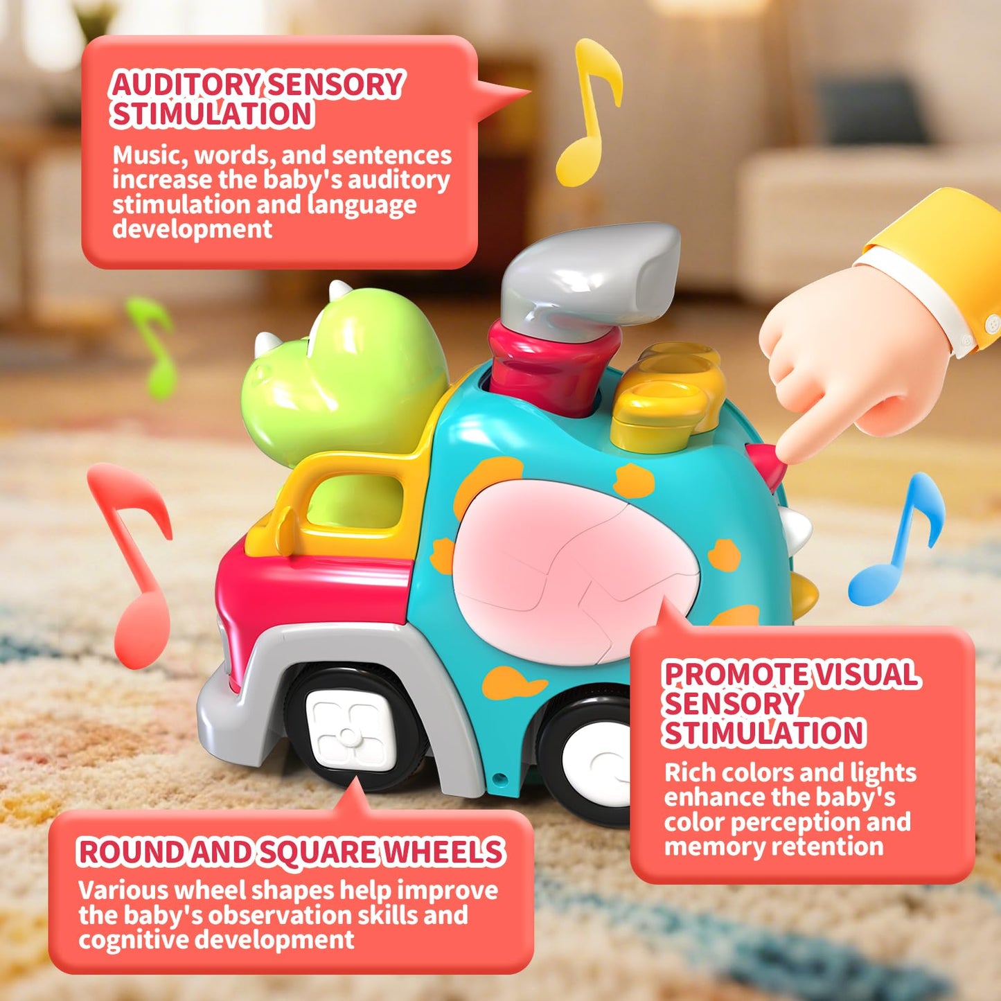 P&C Dinosaur Truck Toys for 1 2 3 Year Old Boys Girls, 18-36 Months Baby Toy with Music & Lights, Montessori Learning Toy for Crawling Walking, Educational Push Car for Toddlers, Birthday Gift