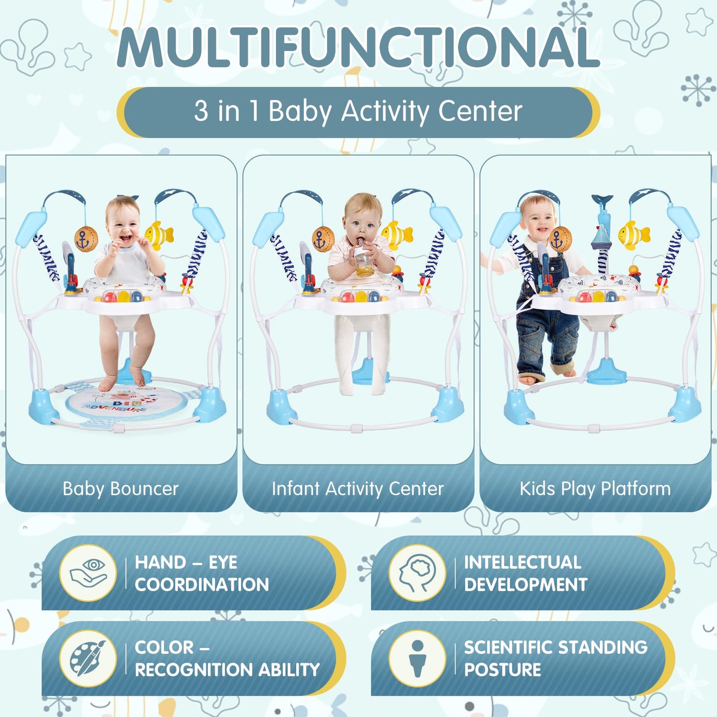 Furmubei Baby Activity Center, 3-in-1 Baby Jumper, Infant Activity Center with 360° Rotating Seat, Music, Lights, 3 Adjustable Heights, Infant Activity Jumper for 6+ Months JP2401