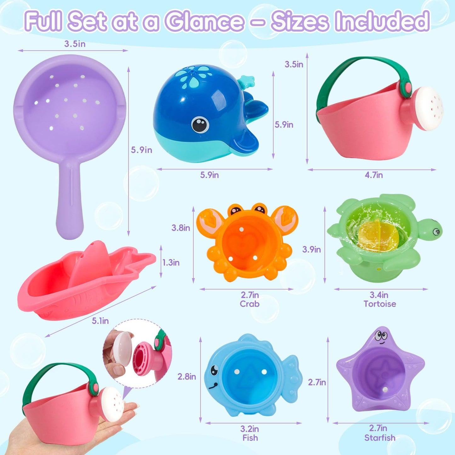 Mold Free Bath Toys, 11PCS | Safe Easy Clean & Fun Floating Boats & Spoon & Watering Can and Whale Bath Toy for Babies 12+ Months | Colorful Bathtub Pool Water Table Sand Toys for Babies and Toddlers