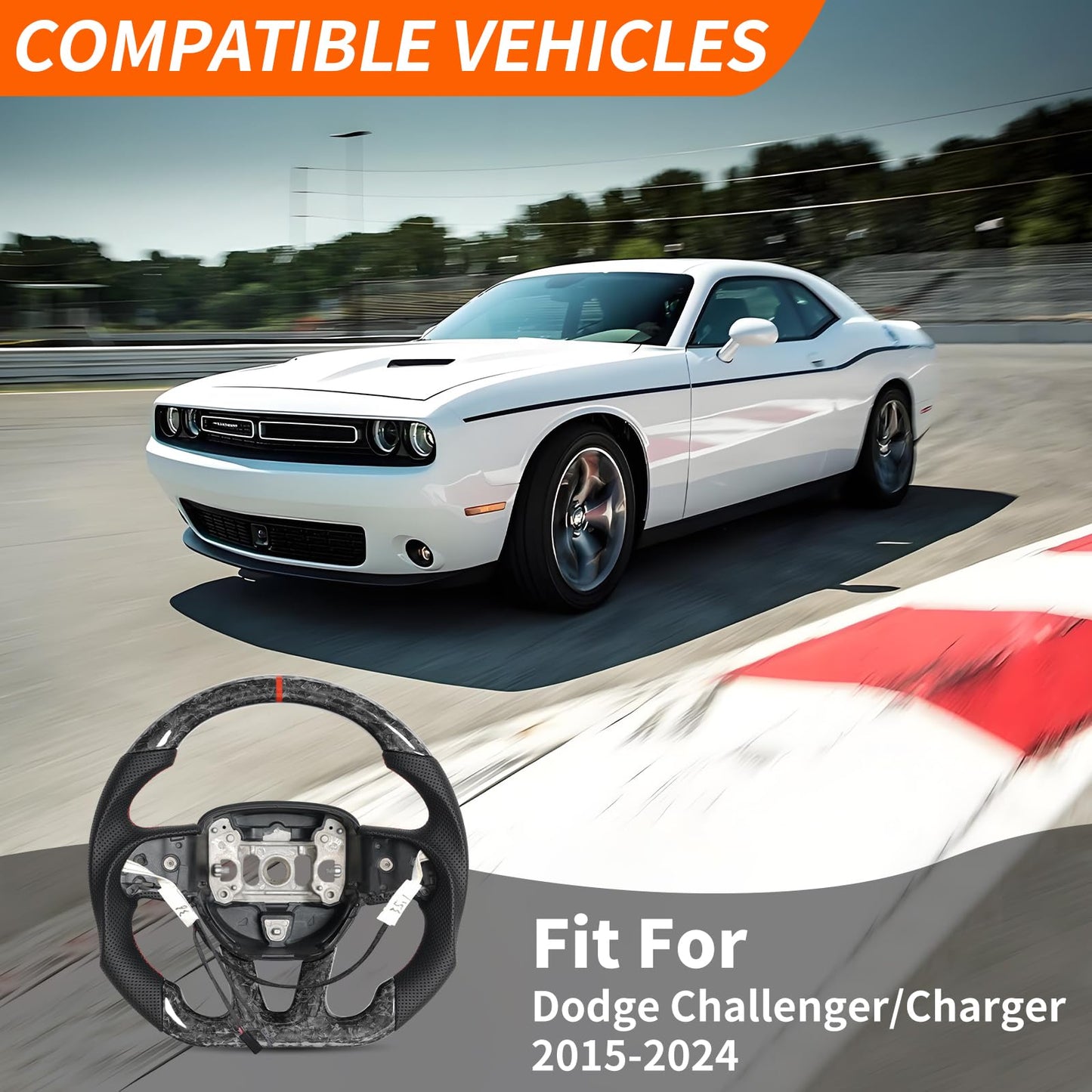 JIANGGAI D-shaped Flat-bottom Steering Wheel with Heated, Preforated Leather Grip Forged Carbon Fiber Steering Wheel Compatible with Dodge Challenger/Charger 2015-2024