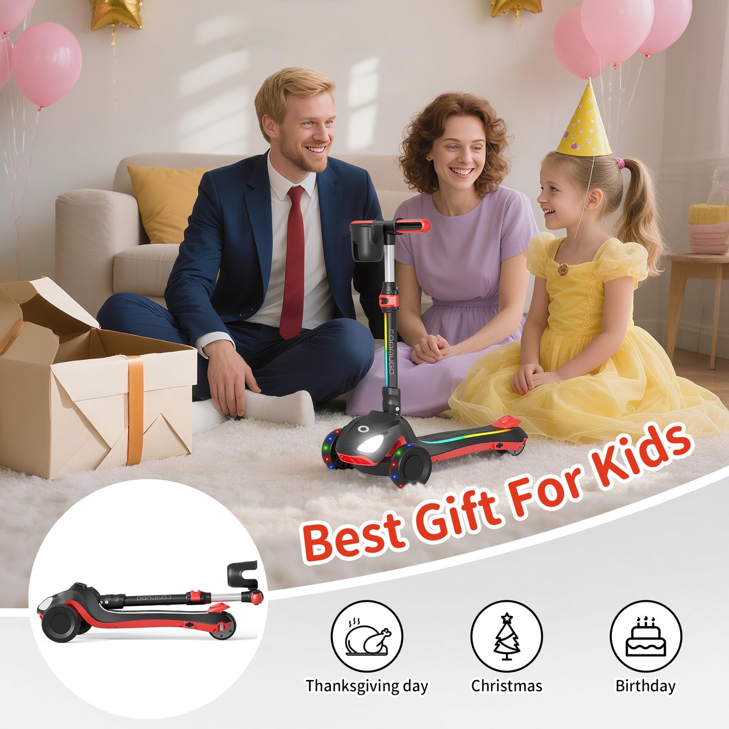 Commugo 3 Wheel Electric Scooter for Kids with LED Lighted Wheels, Balance Scooter for Kids Adjustable Height & Lean-to-Steer, 3-Wheel Foldable Scooter Anti-Slip Deck for Boys & Girls Toddlers