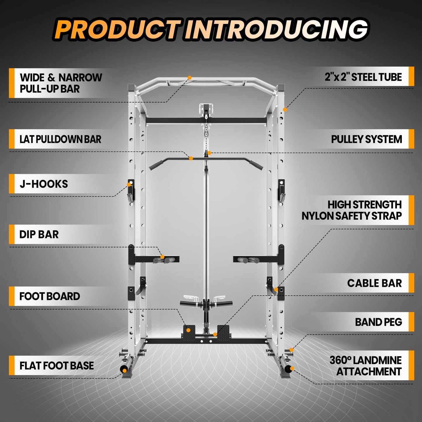 GarveeLife Power Cage, Multi-Function Power Rack with LAT Pulldown, 1600 LBS Weight Capacity Fitness Squat Rack with Cable Pulley System and j-Hooks, Dip Bars and Landmine Attachment for Home Gym