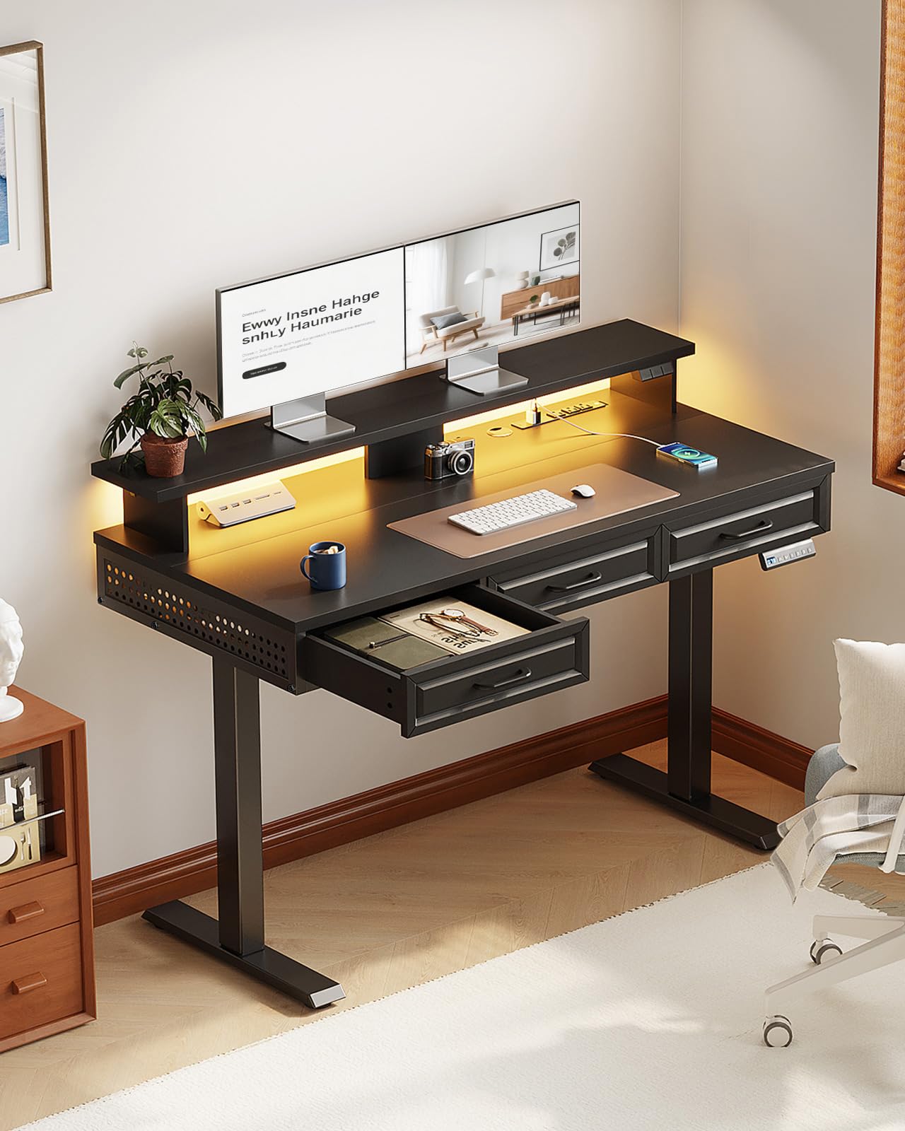 OffiGo Electric Standing Desk with 3 Wooden Drawers, 48 Inch Height Adjustable Desk with Power Outlets & LED Lights, Black Sit Stand Table with Monitor Stand for Home, Office, Workstation